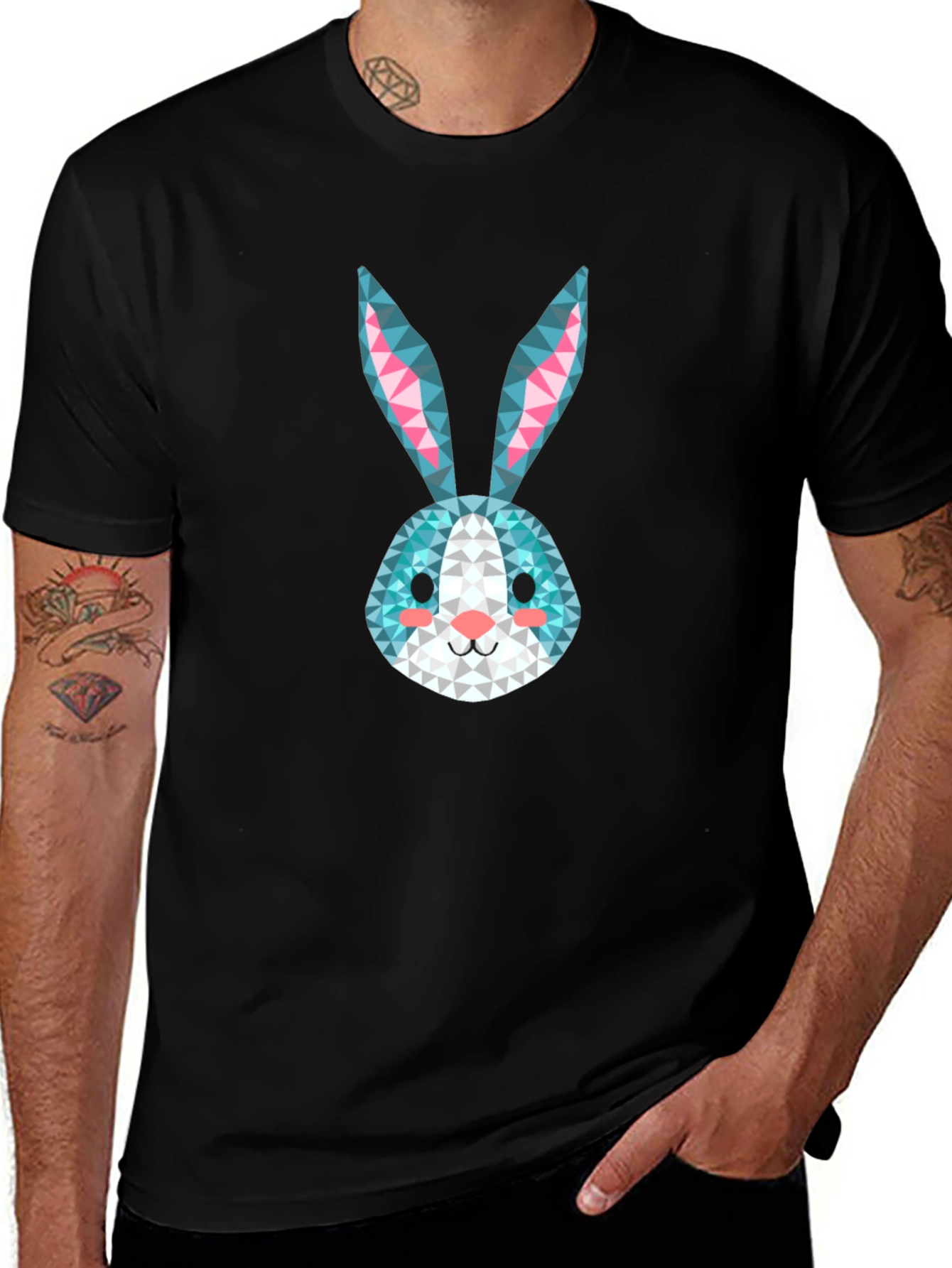 Geometric Rabbit Print Black T-Shirt
