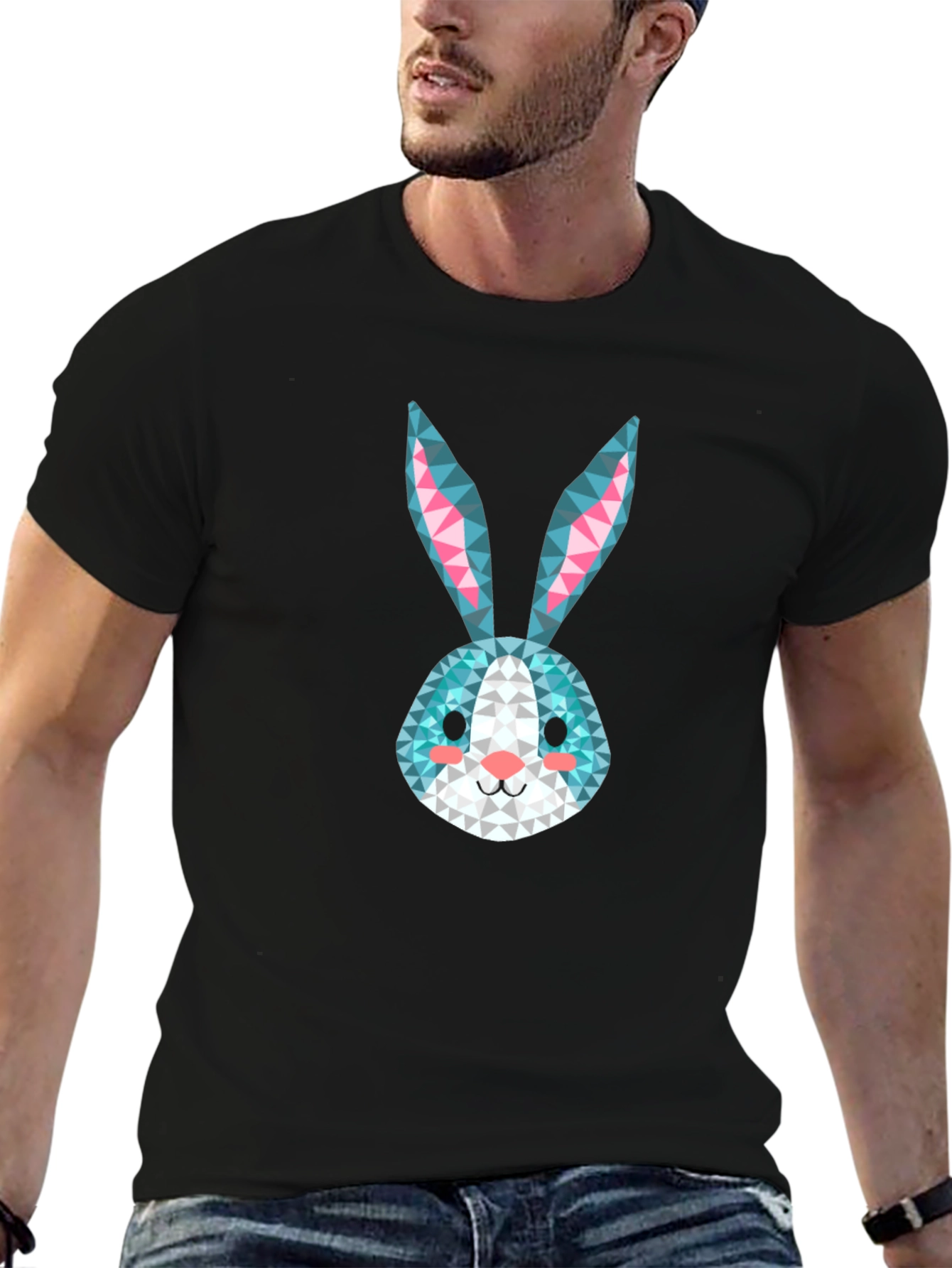 Geometric Rabbit Print Black T-Shirt