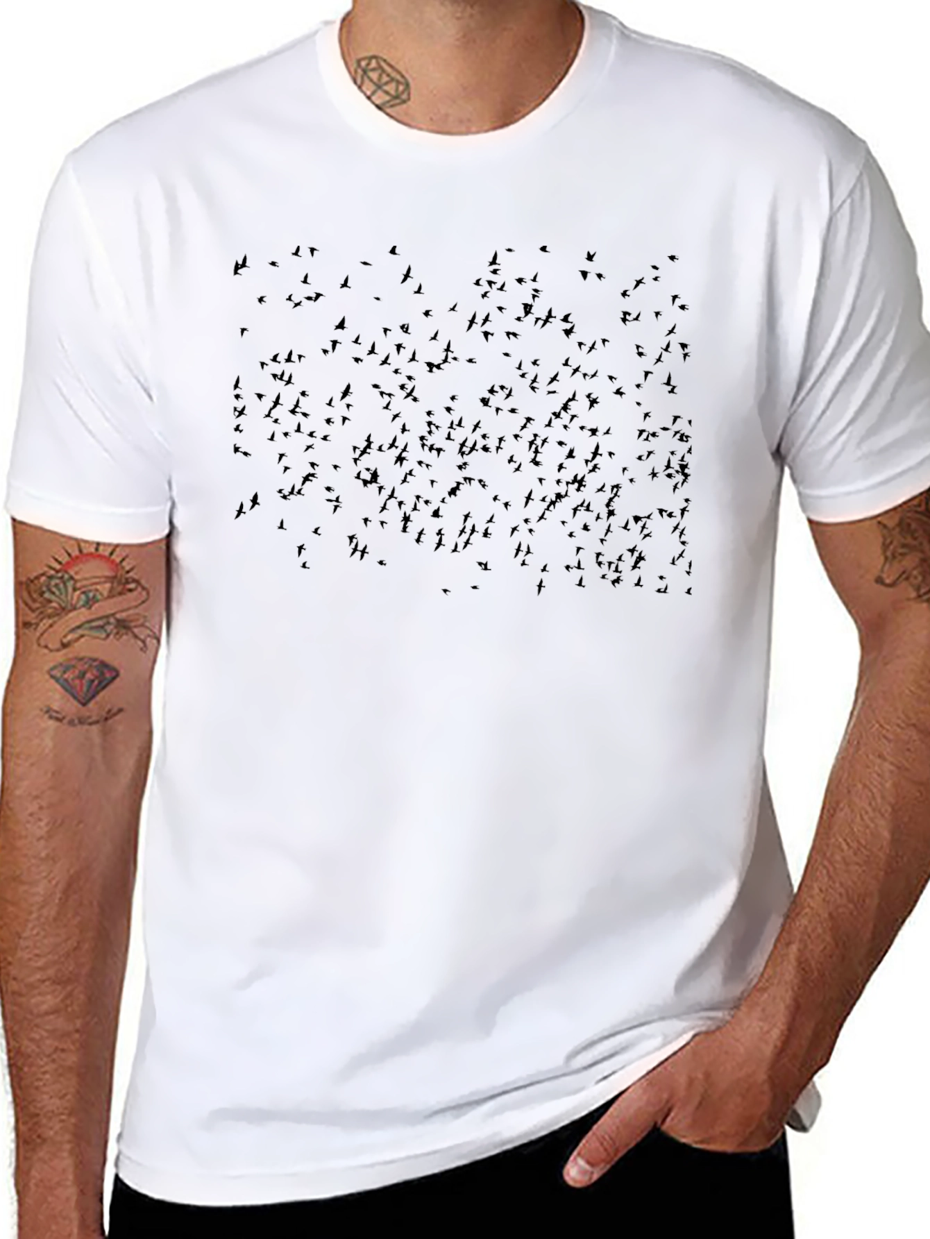 Black T-Shirt with Bird Silhouette Pattern