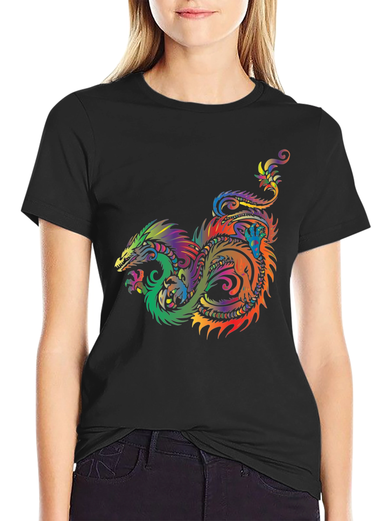 Rainbow Dragon Graphic Tee - Stylish Black T-Shirt