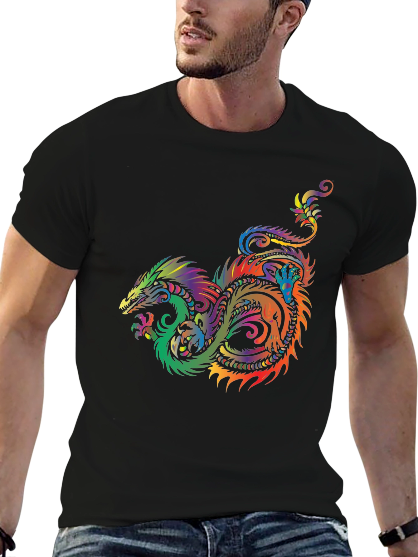 Rainbow Dragon Graphic Tee - Stylish Black T-Shirt