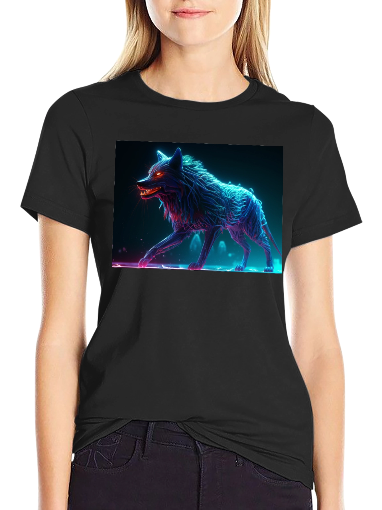 Neon Wolf Graphic Tee - Bold Black Cotton