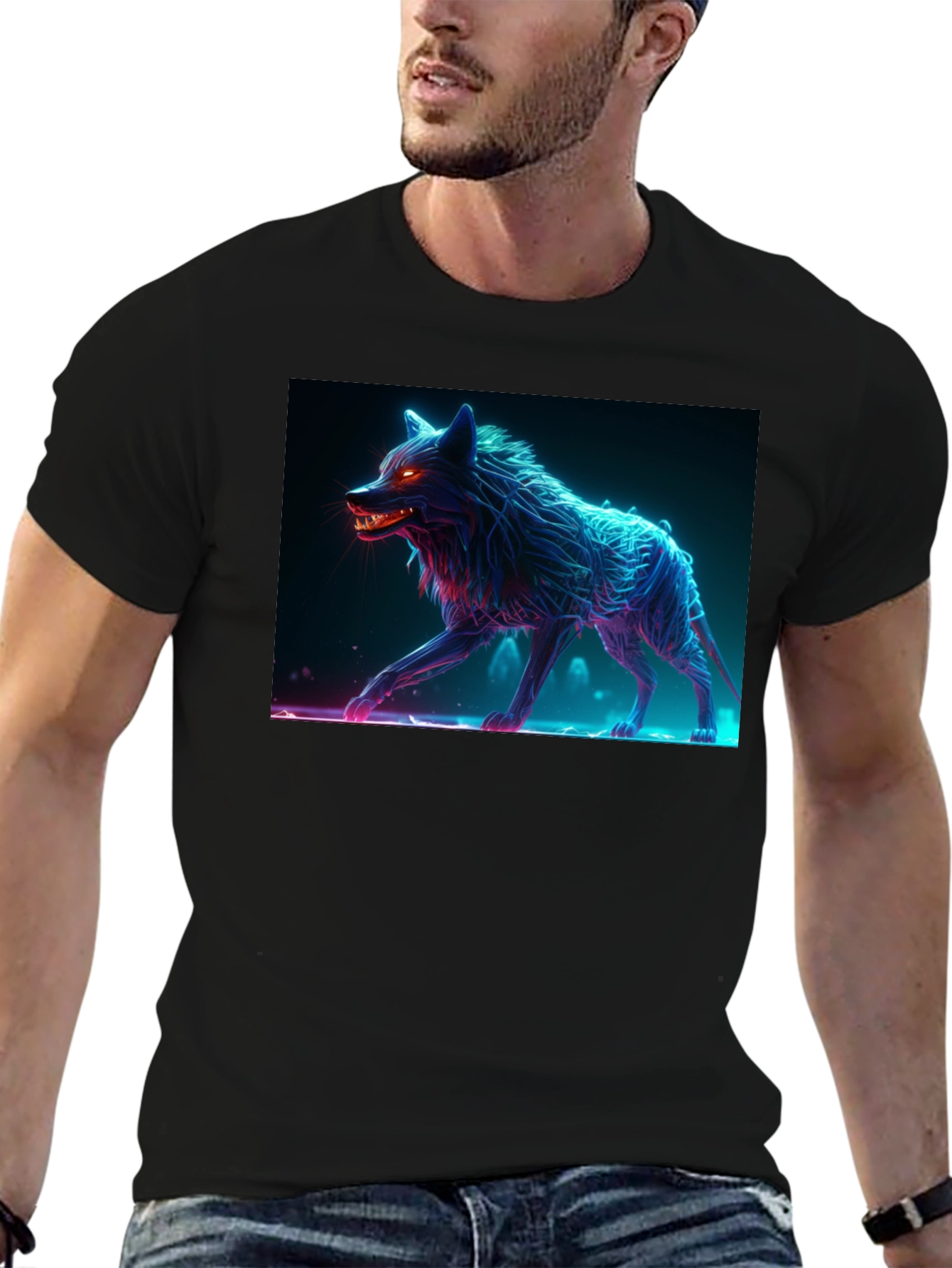 Neon Wolf Graphic Tee - Bold Black Cotton