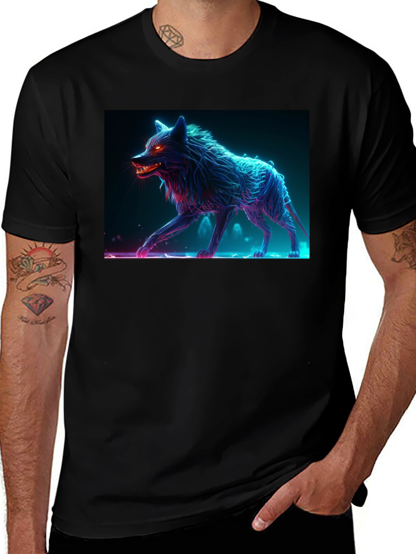 Neon Wolf Graphic Tee - Bold Black Cotton