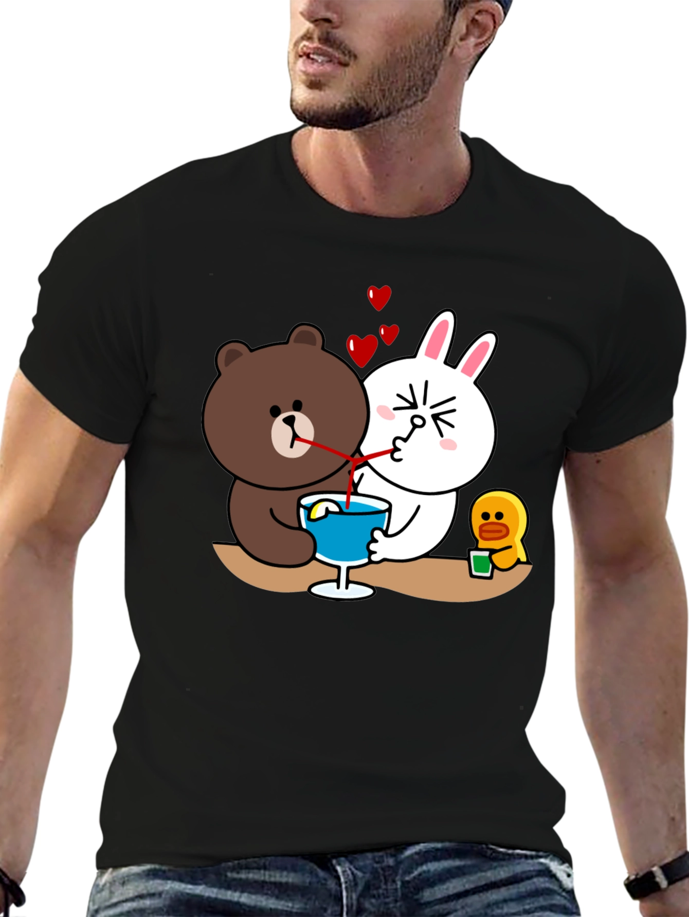 Cartoon Graphic Tee: Bear & Bunny Sharing Drink