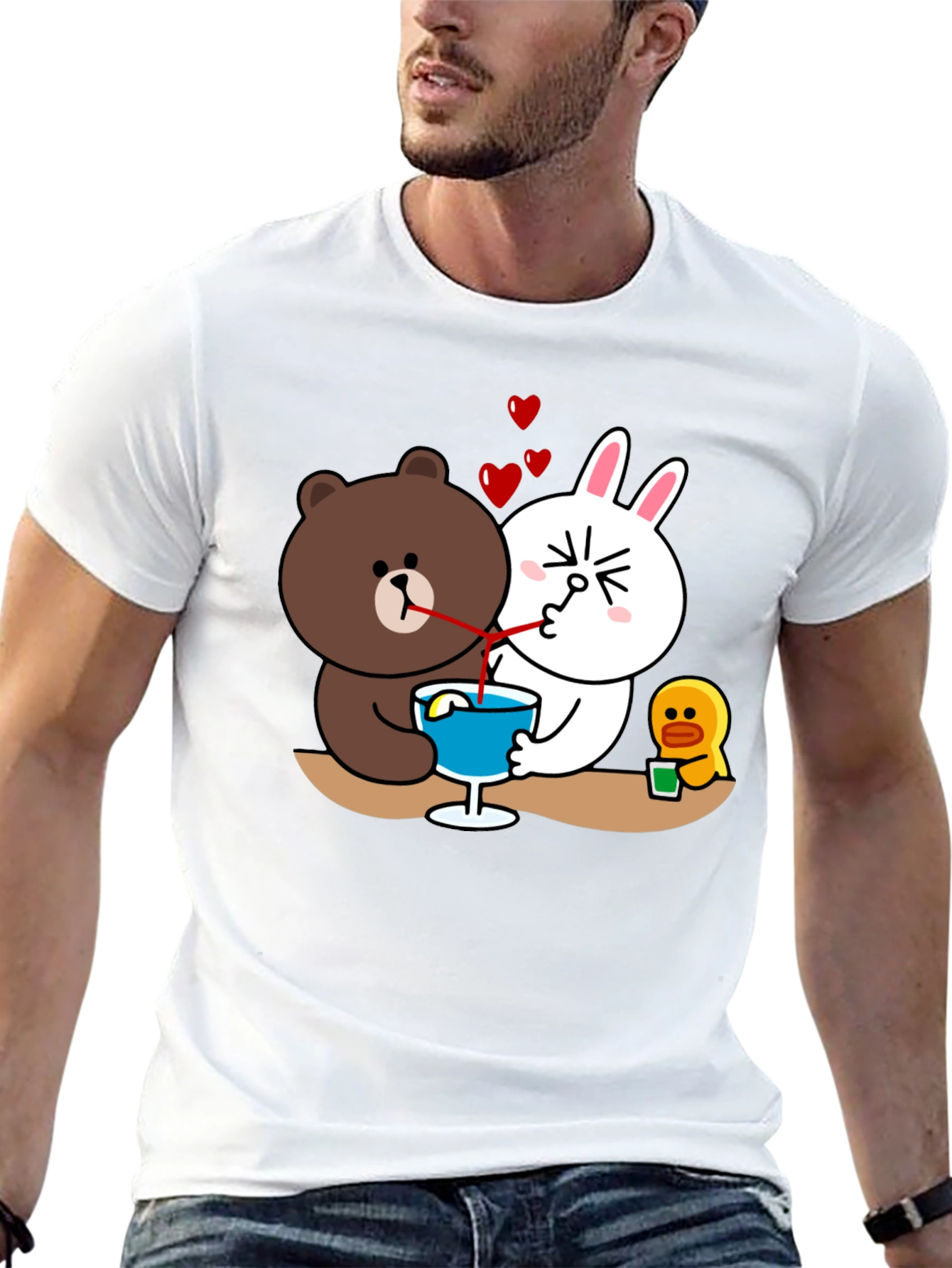 Cartoon Graphic Tee: Bear & Bunny Sharing Drink