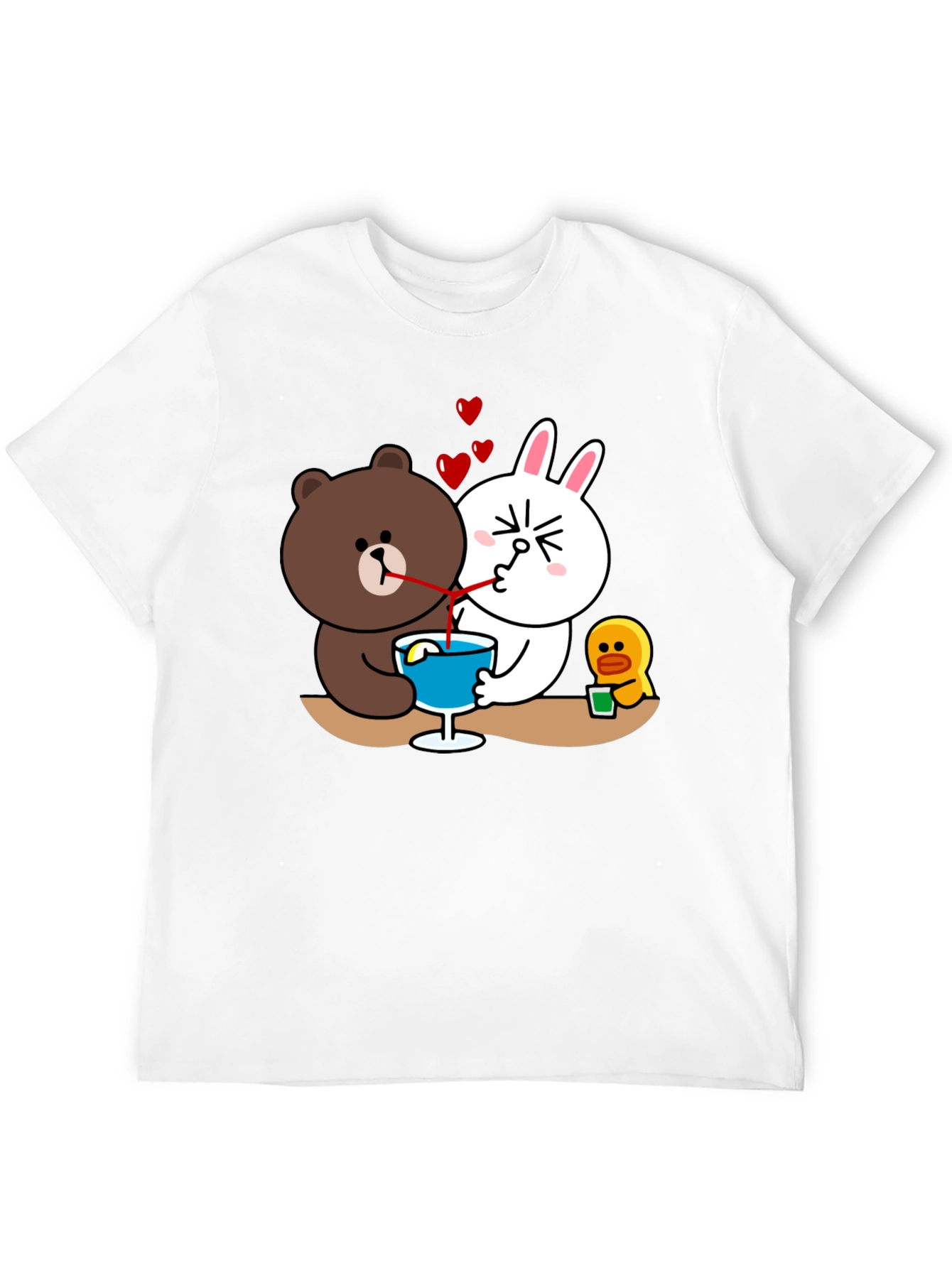 Cartoon Graphic Tee: Bear & Bunny Sharing Drink