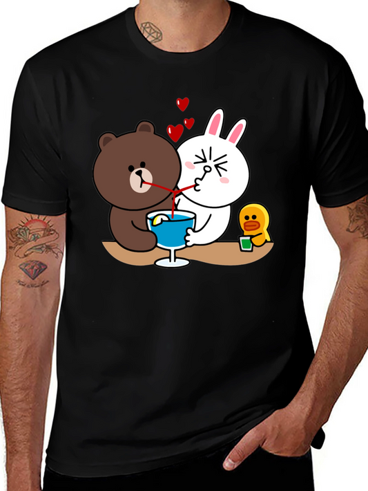 Cartoon Graphic Tee: Bear & Bunny Sharing Drink