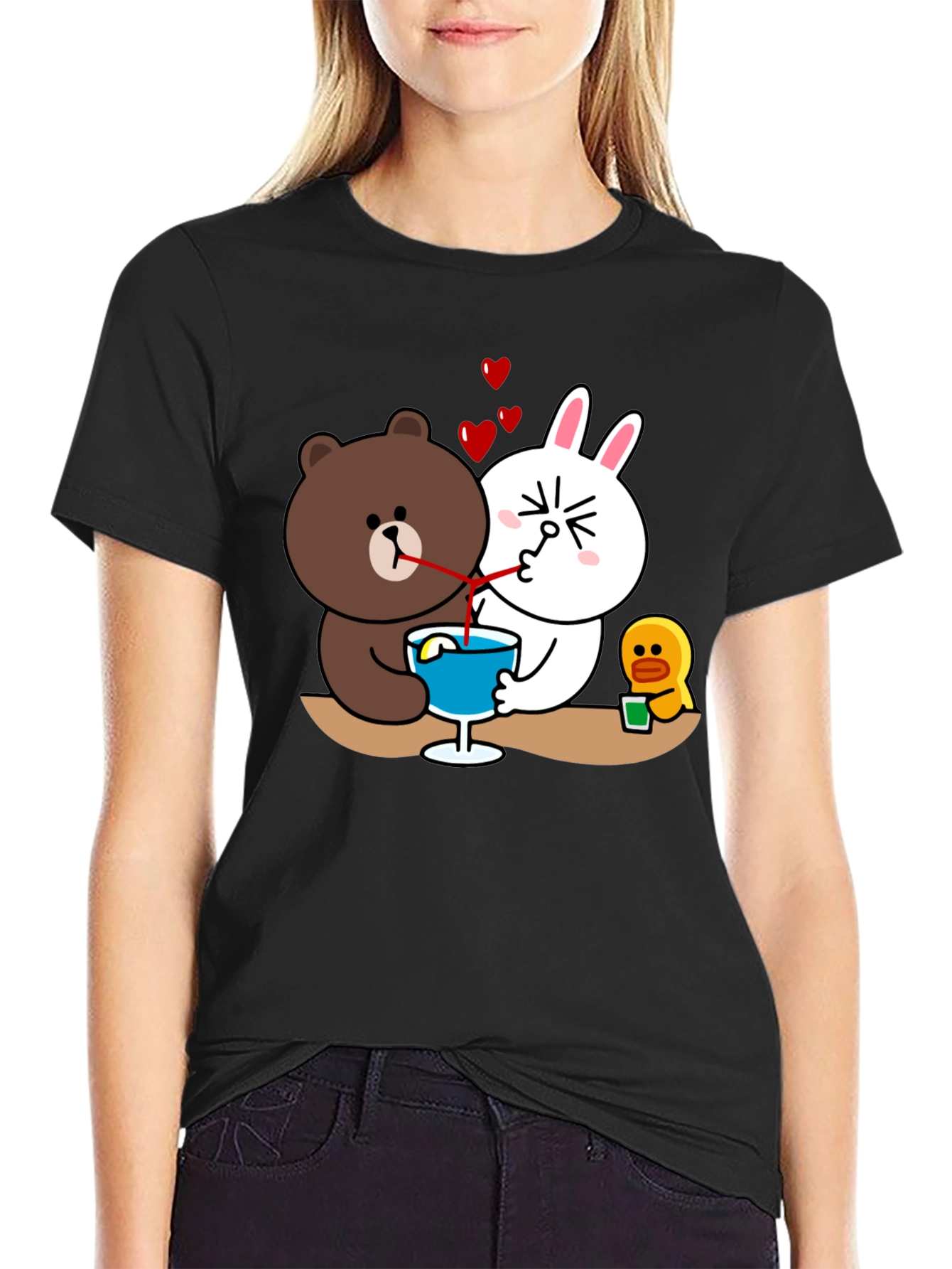 Cartoon Graphic Tee: Bear & Bunny Sharing Drink