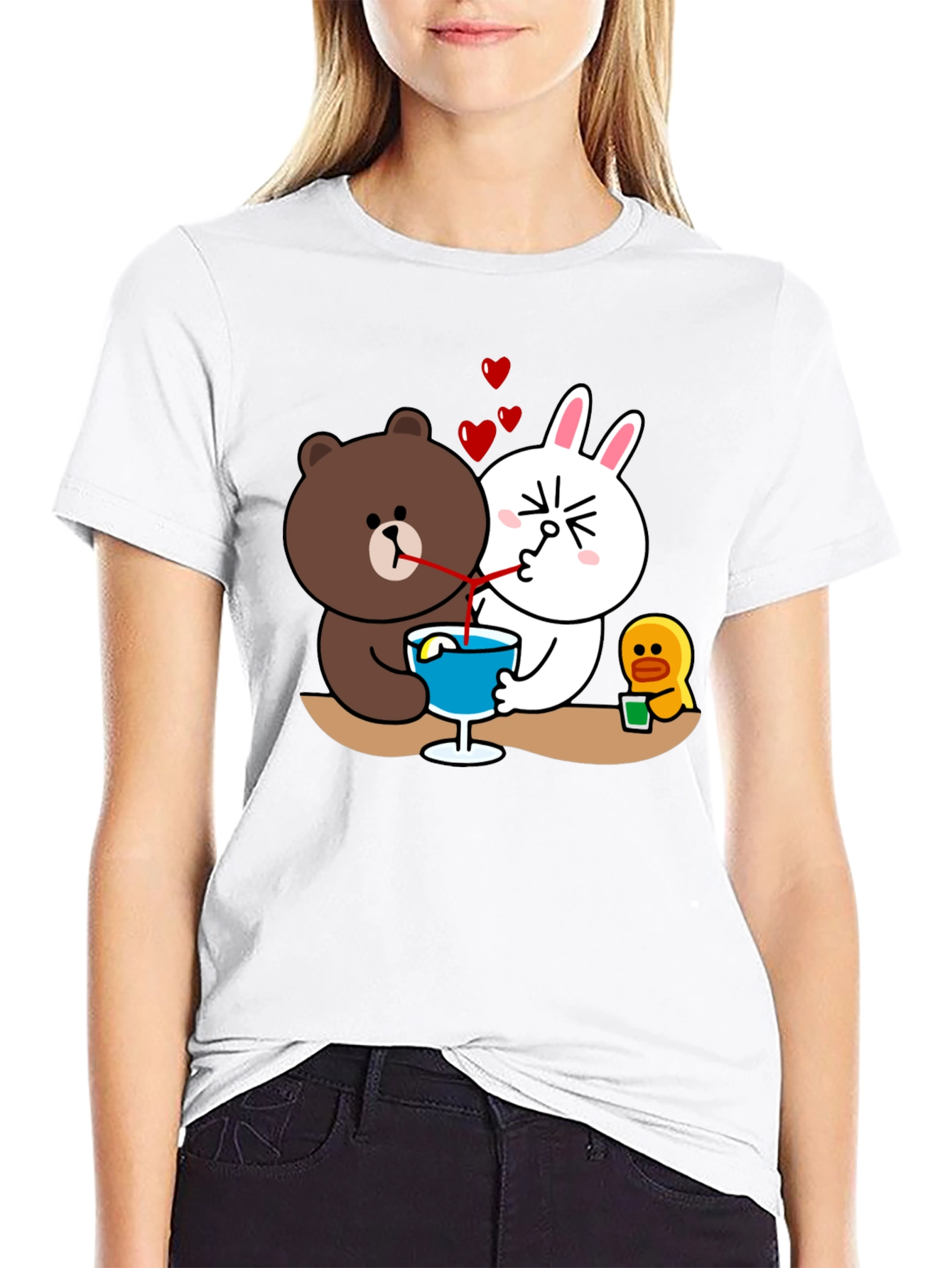 Cartoon Graphic Tee: Bear & Bunny Sharing Drink
