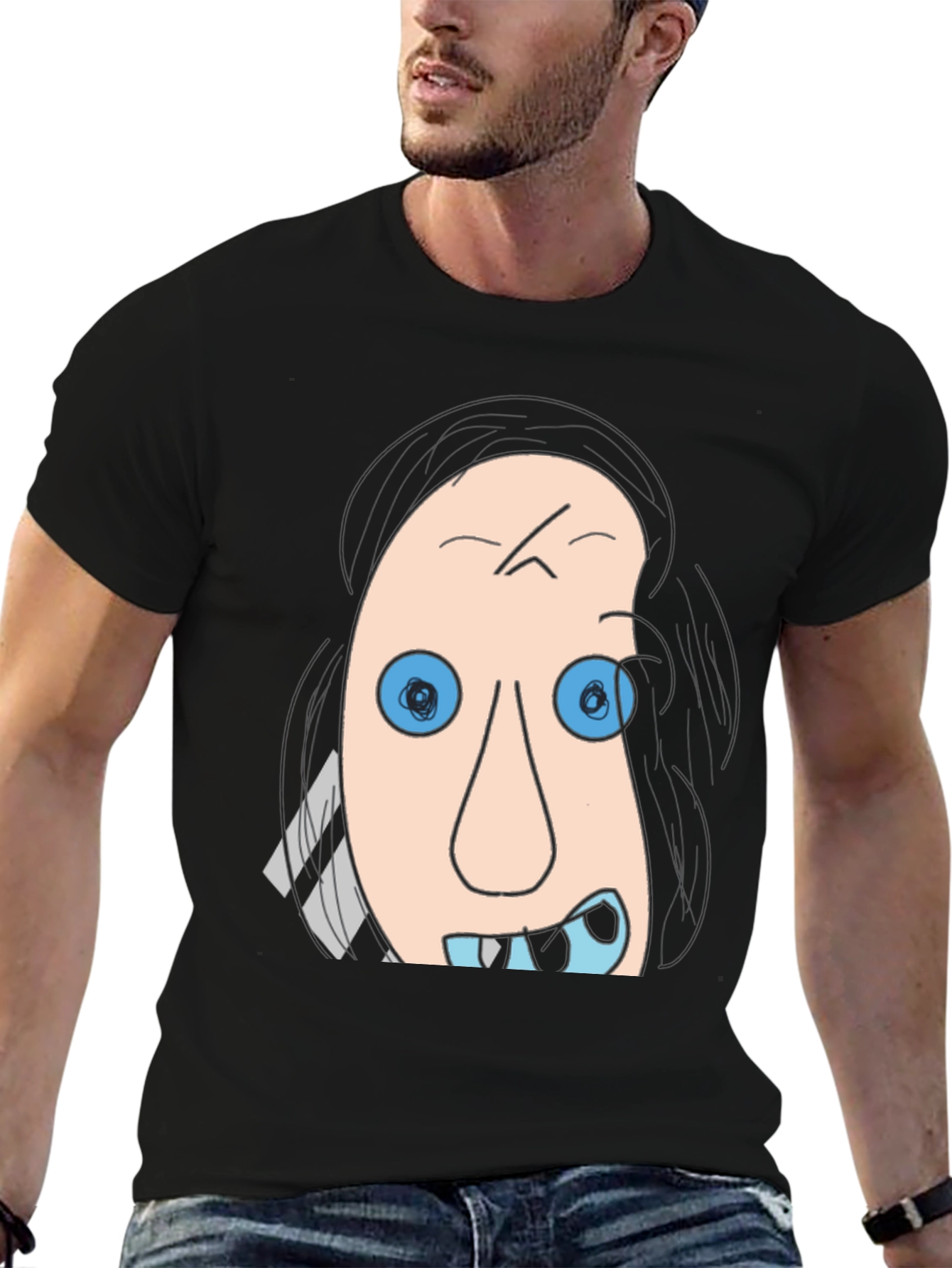 Cartoon Face Graphic Tee - Black Cotton T-Shirt