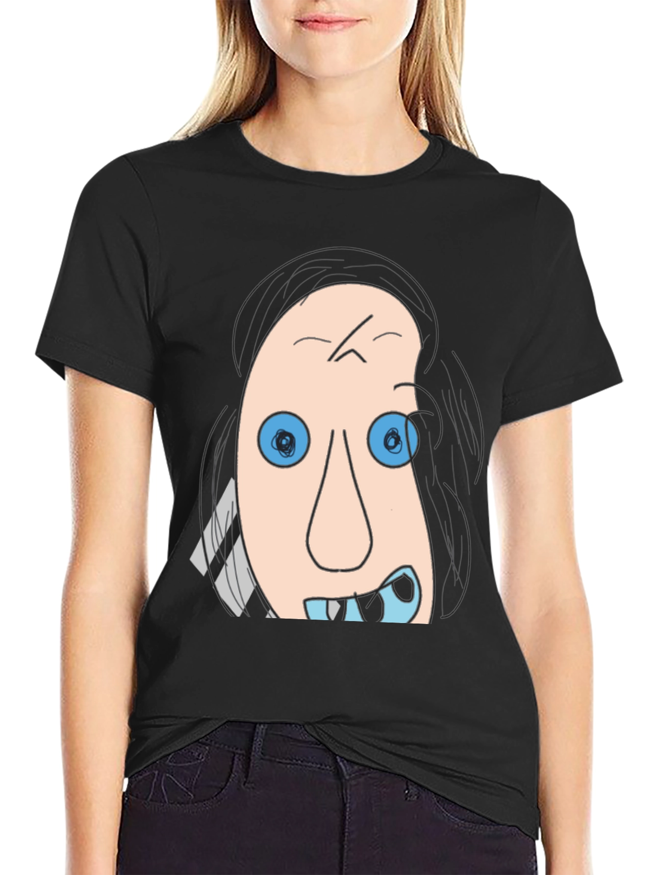Cartoon Face Graphic Tee - Black Cotton T-Shirt