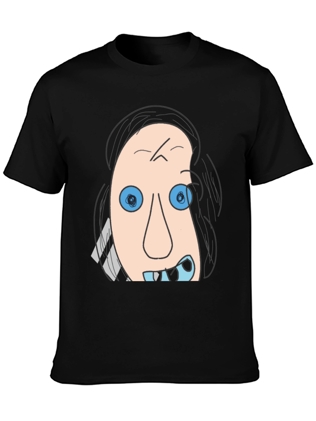 Cartoon Face Graphic Tee - Black Cotton T-Shirt