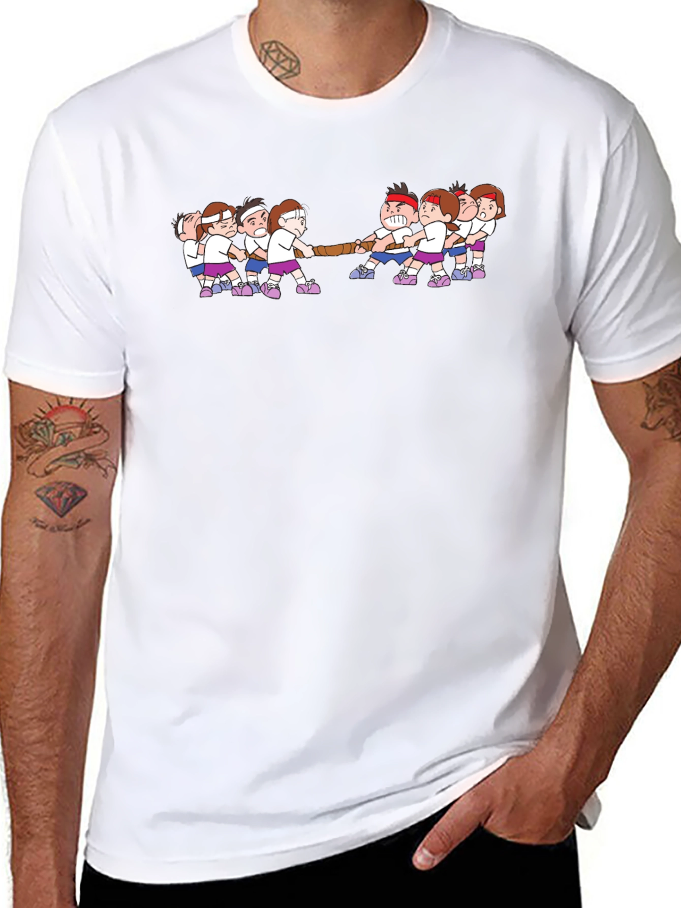 Tug-of-War Cartoon Graphic Black T-Shirt