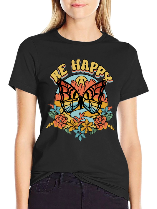 Be Happy Butterfly Graphic Tee - Retro Style