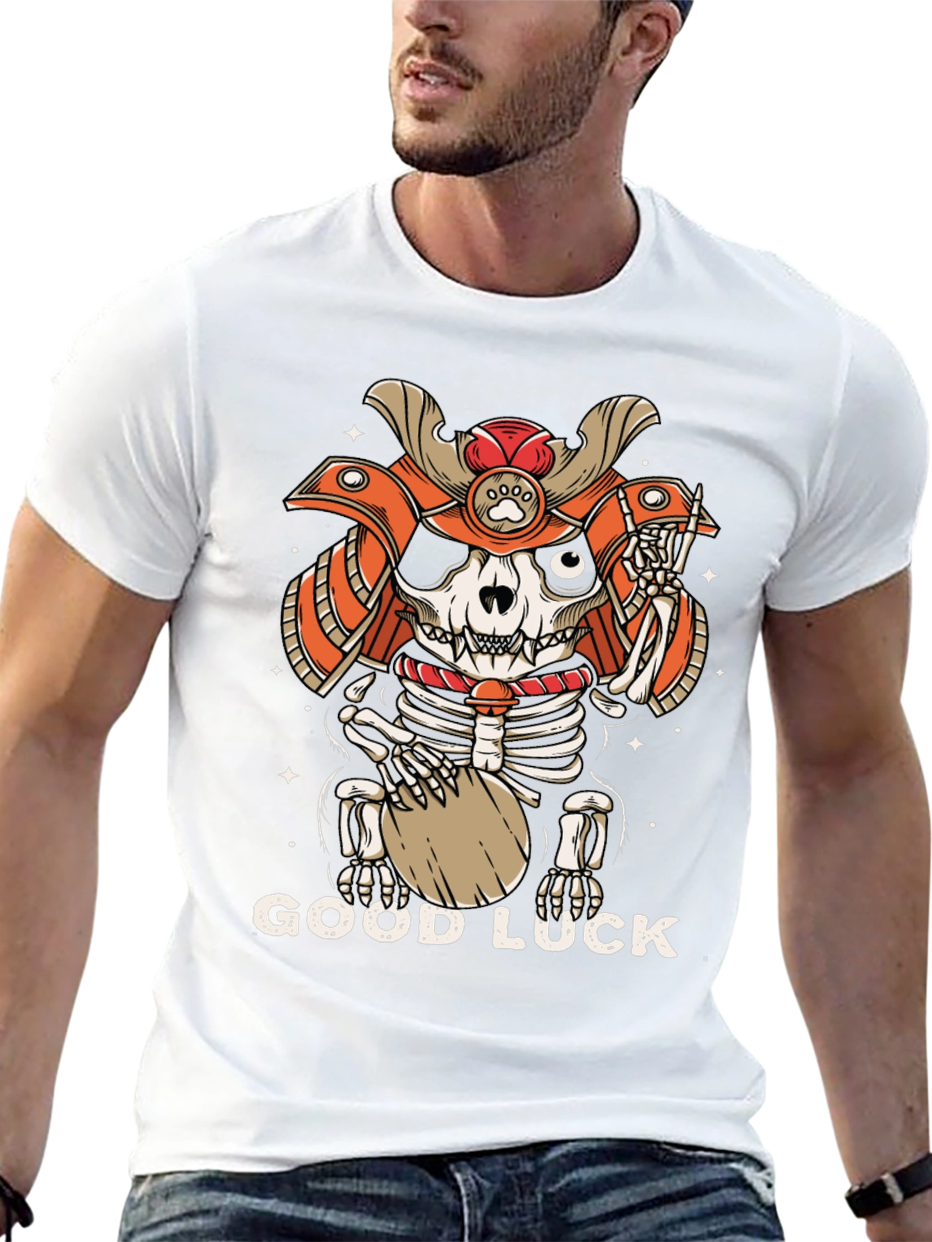 Samurai Cat Skeleton Good Luck Graphic Tee