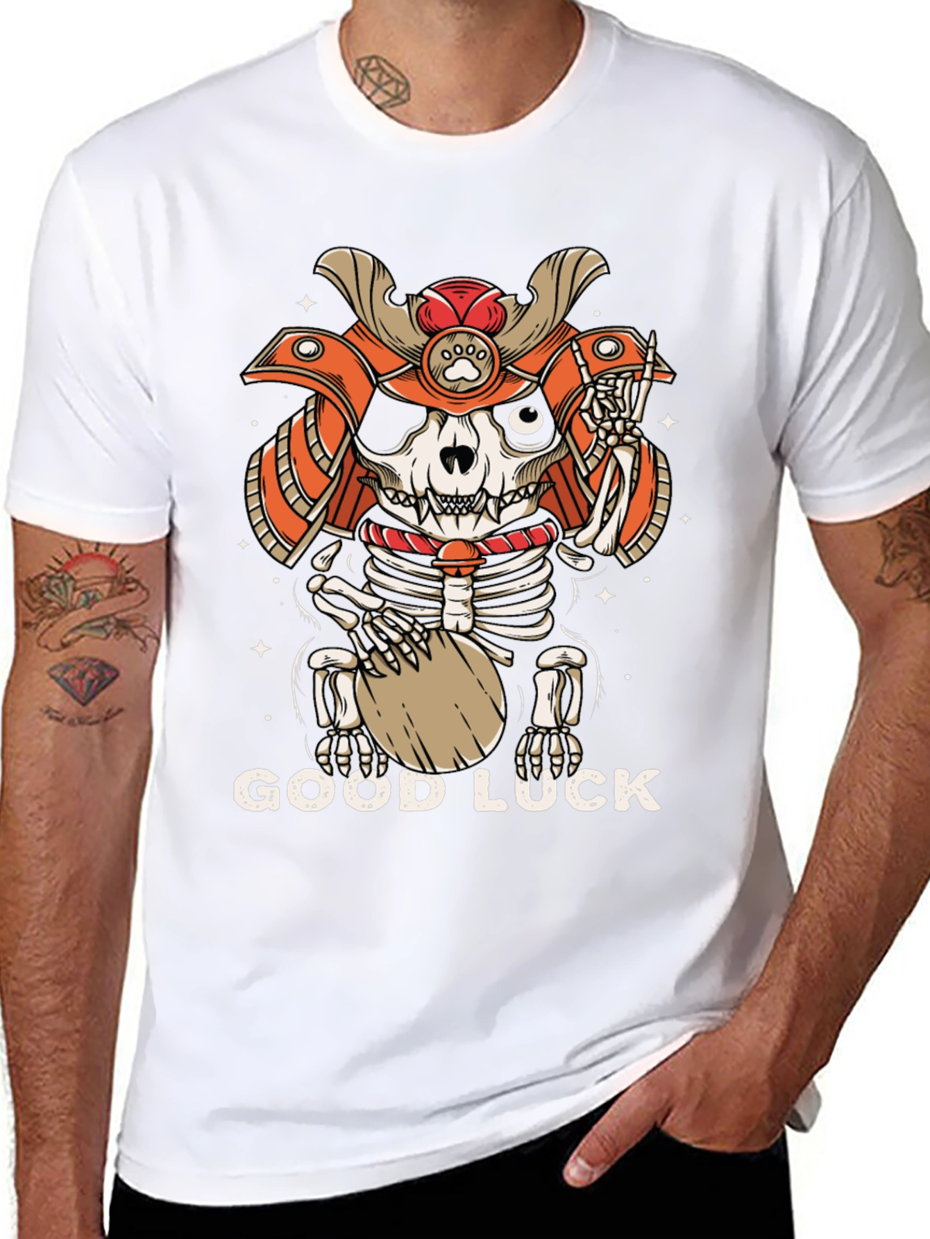 Samurai Cat Skeleton Good Luck Graphic Tee