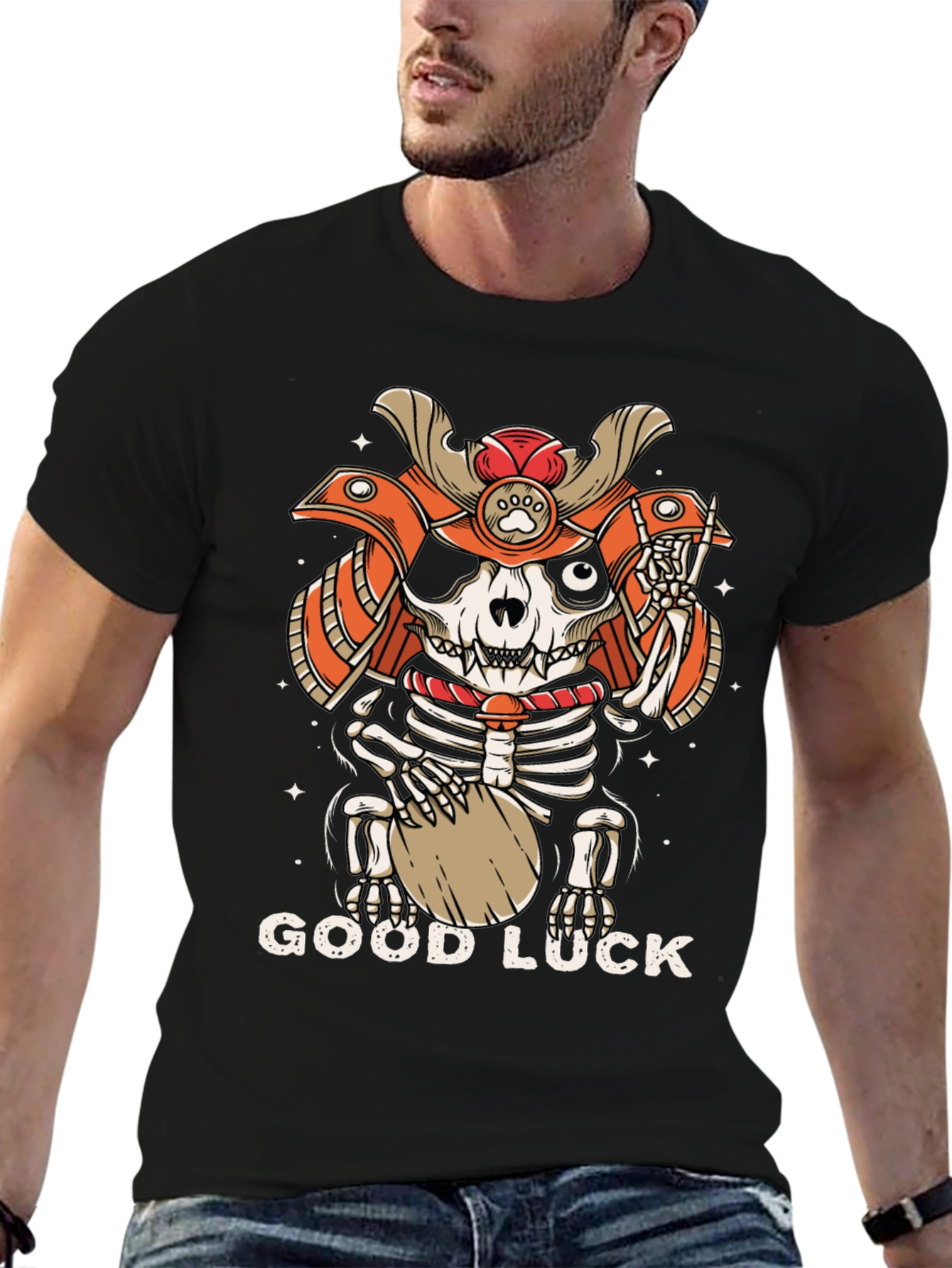 Samurai Cat Skeleton Good Luck Graphic Tee