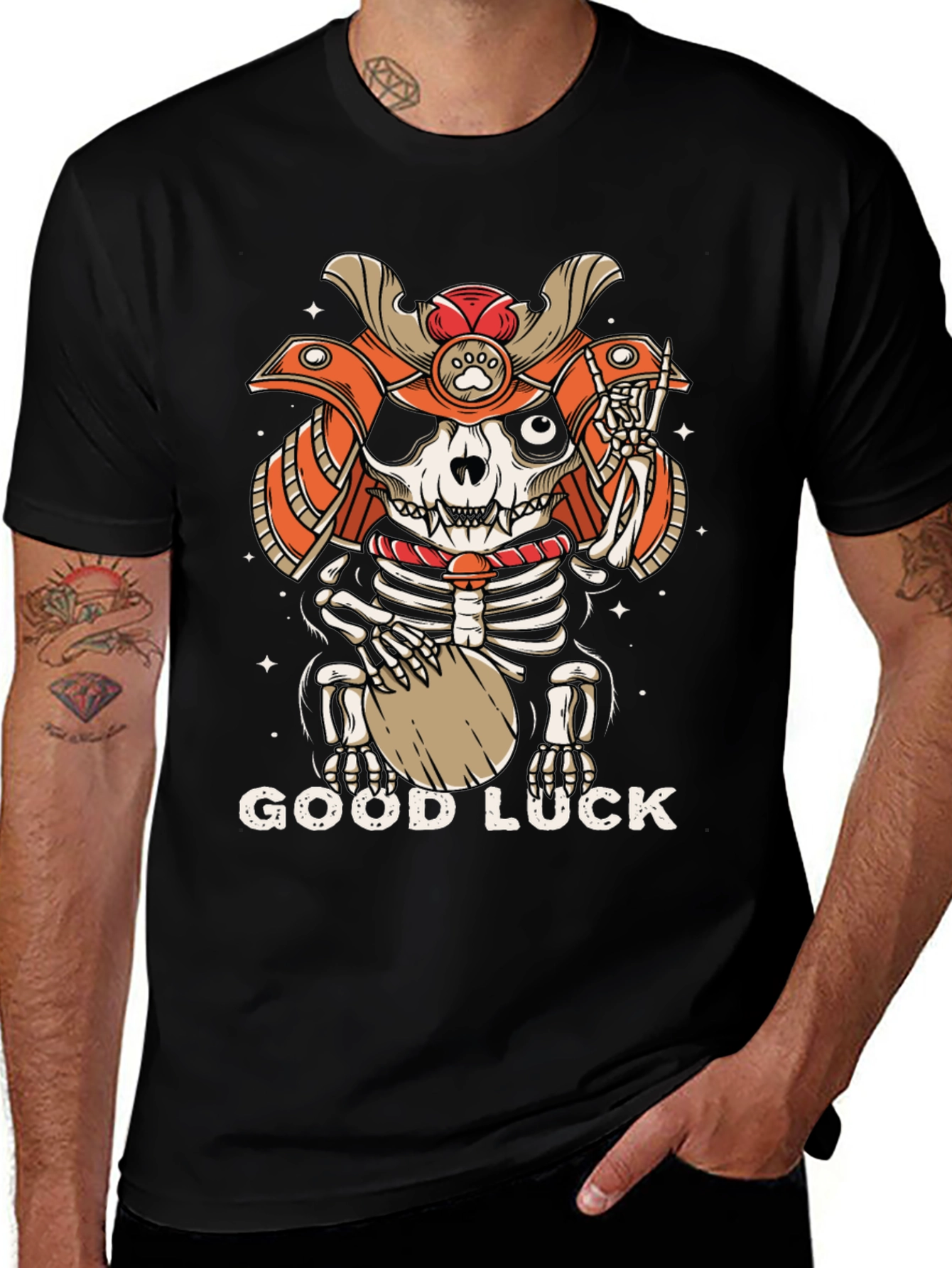 Samurai Cat Skeleton Good Luck Graphic Tee
