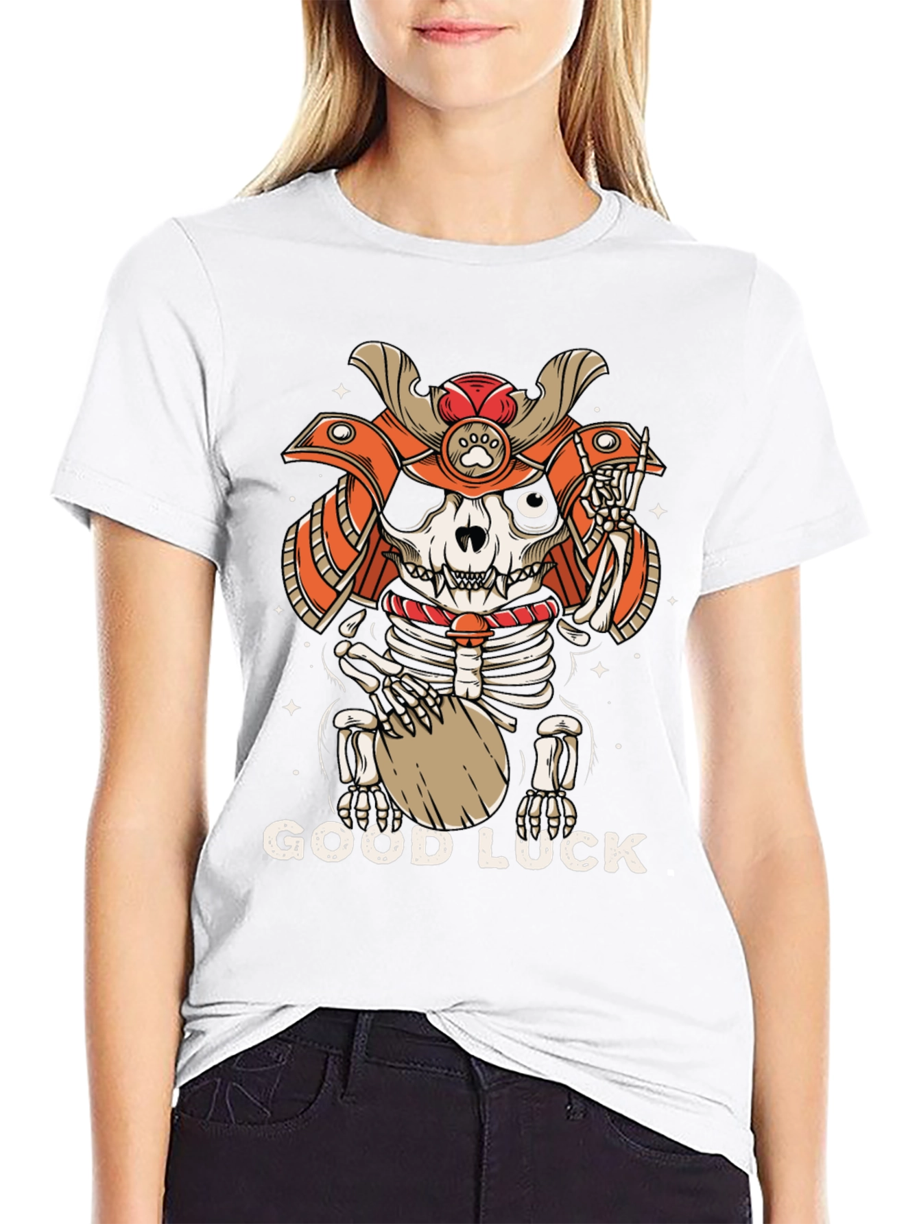 Samurai Cat Skeleton Good Luck Graphic Tee