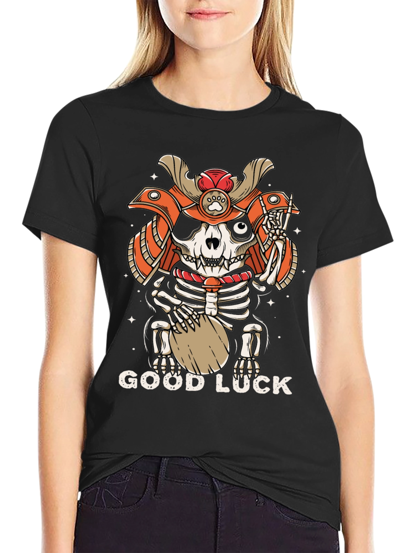 Samurai Cat Skeleton Good Luck Graphic Tee