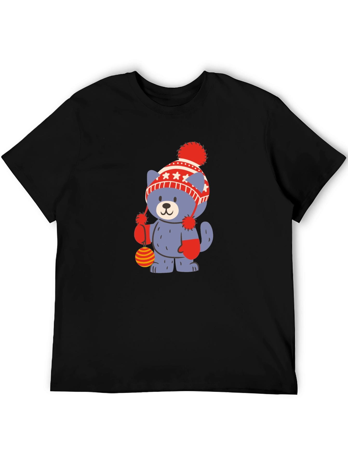 Cute Cartoon Bear in Hat Black T-Shirt