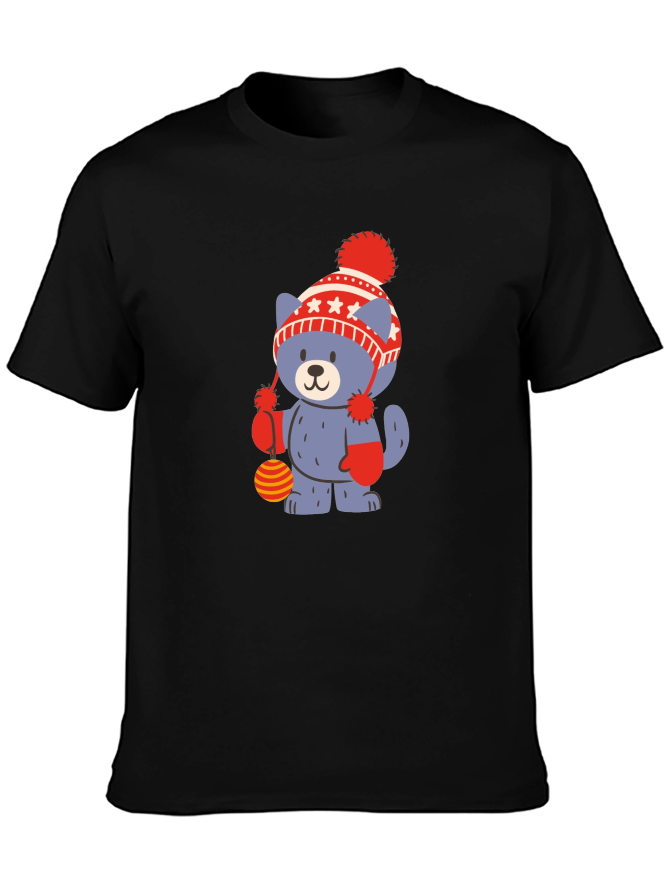 Cute Cartoon Bear in Hat Black T-Shirt