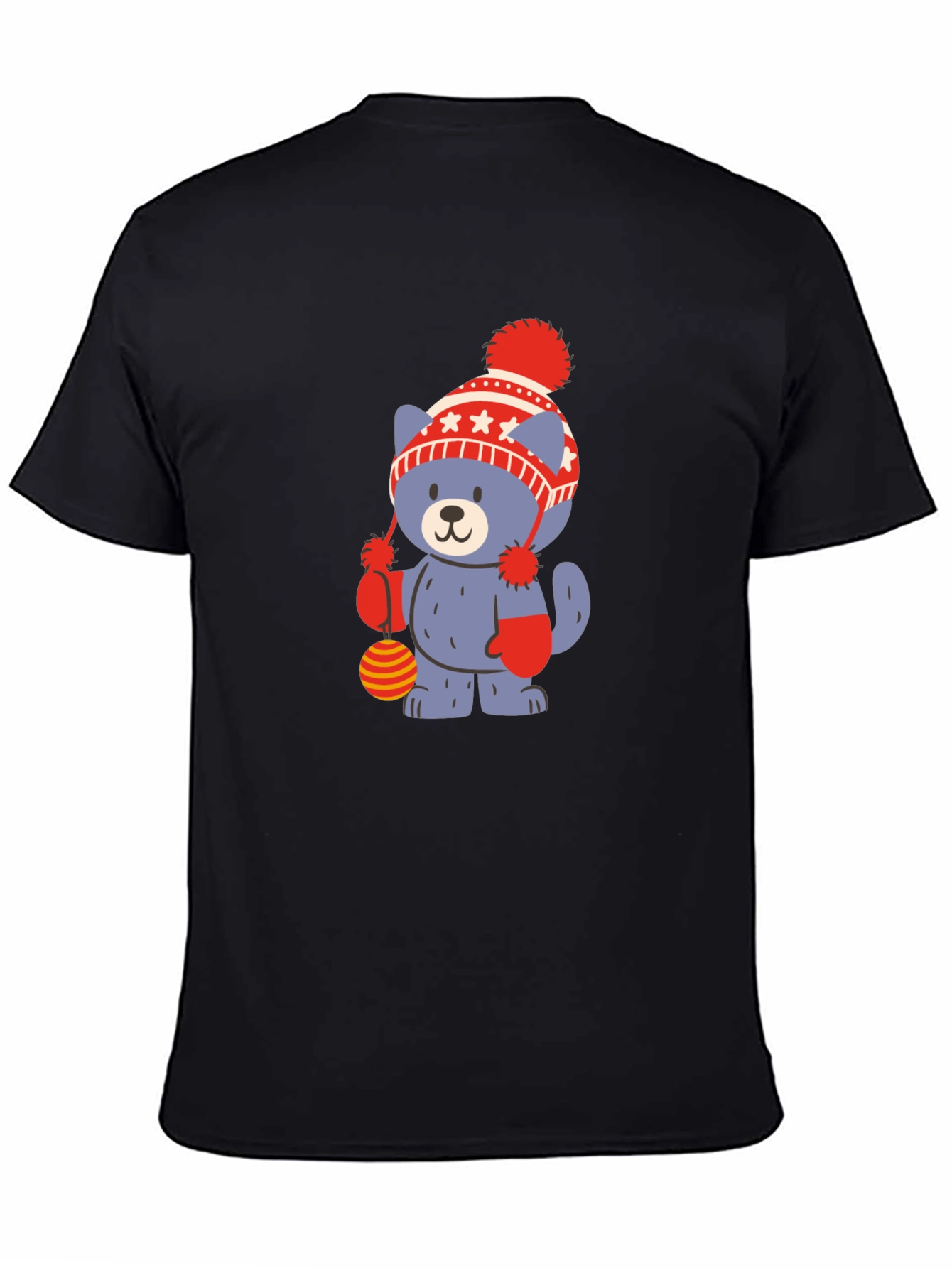 Cute Cartoon Bear in Hat Black T-Shirt