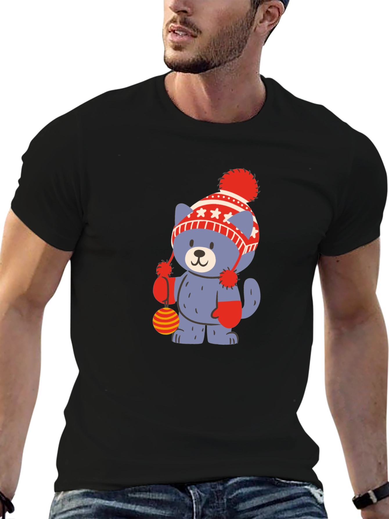 Cute Cartoon Bear in Hat Black T-Shirt
