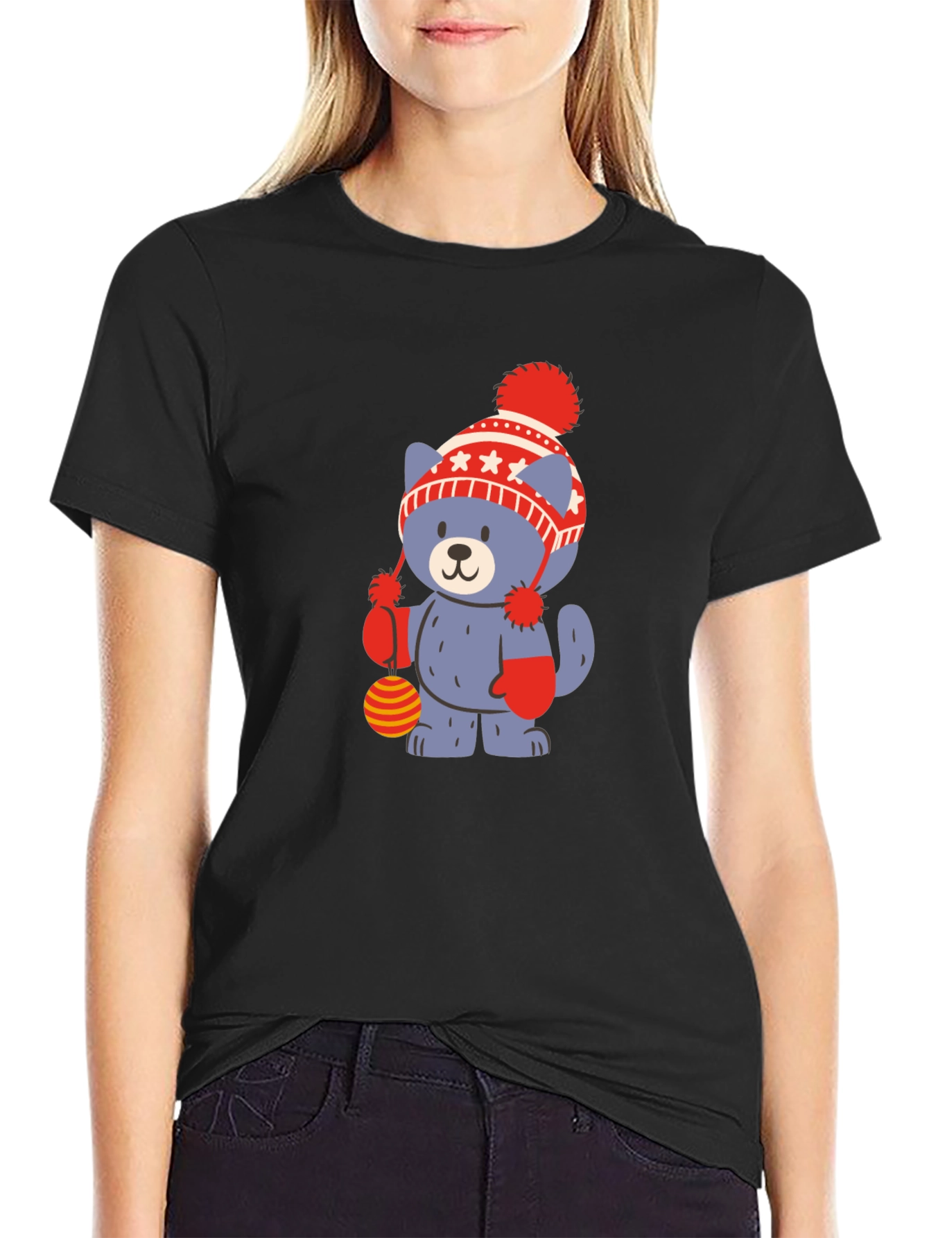 Cute Cartoon Bear in Hat Black T-Shirt
