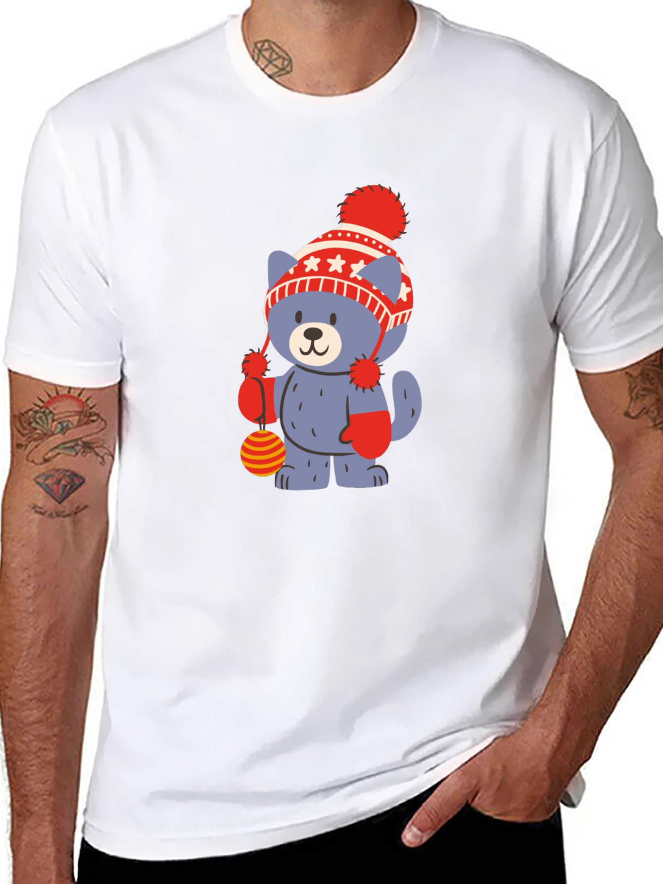 Cute Cartoon Bear in Hat Black T-Shirt