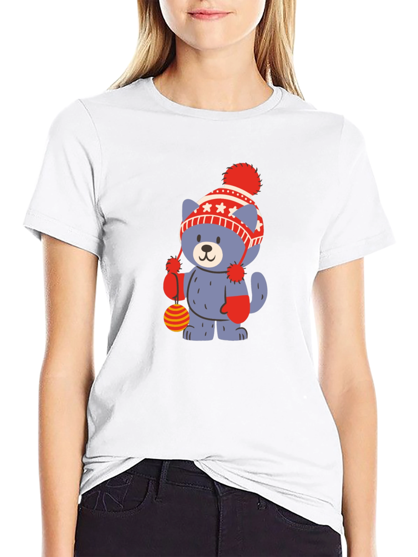 Cute Cartoon Bear in Hat Black T-Shirt