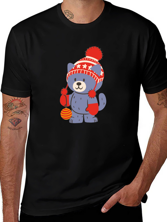 Cute Cartoon Bear in Hat Black T-Shirt