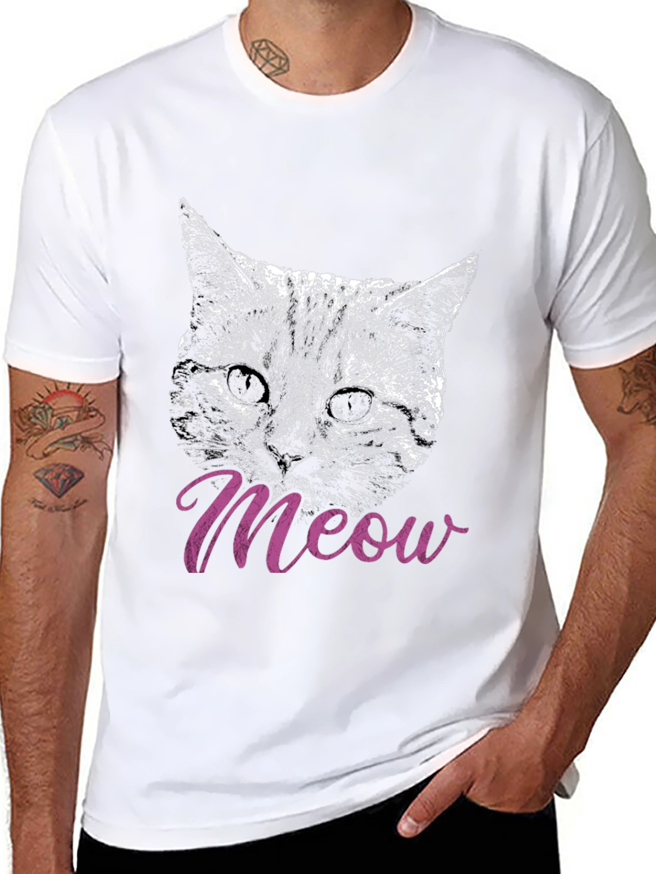 Cat Meow T-Shirt Black Crew Neck Casual