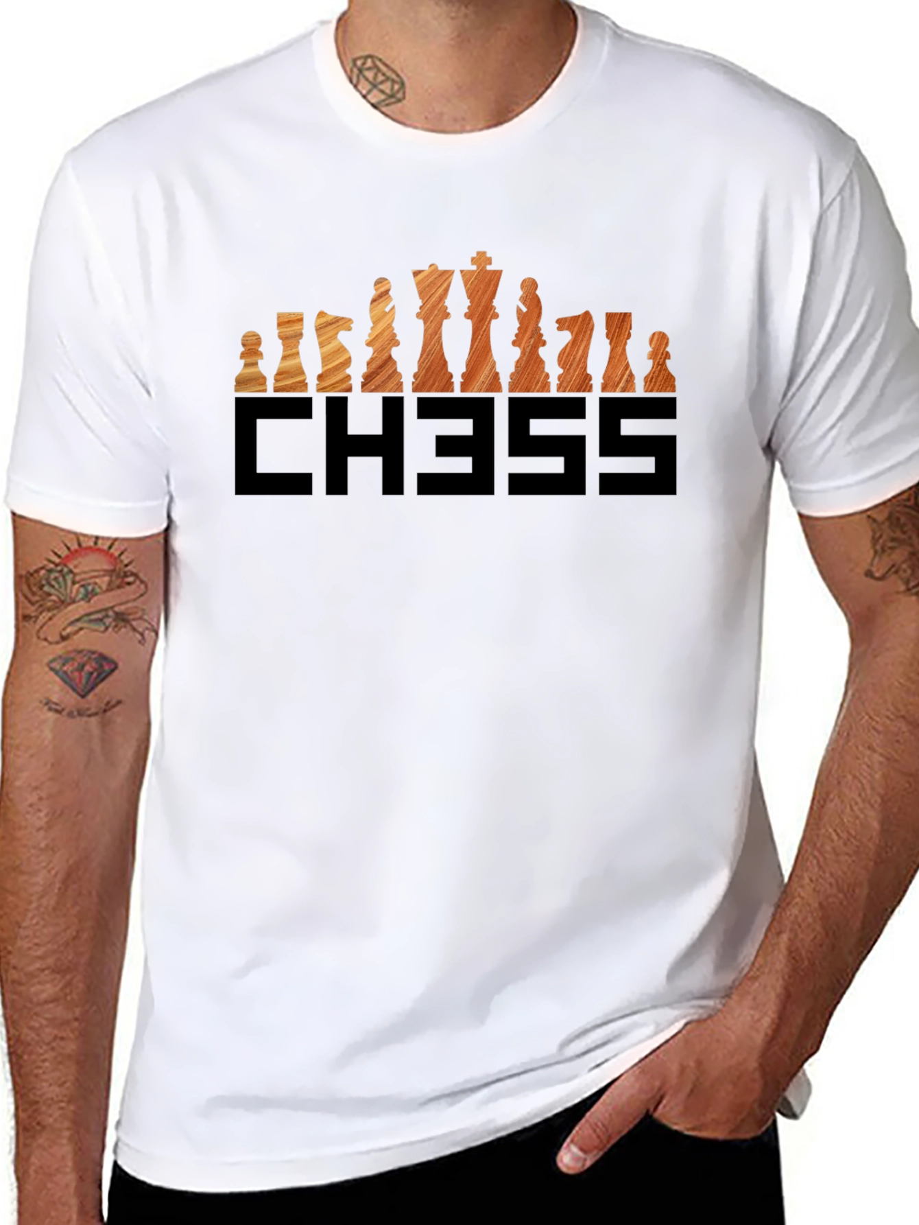 Chess Piece Graphic Tee - Wood Grain Design