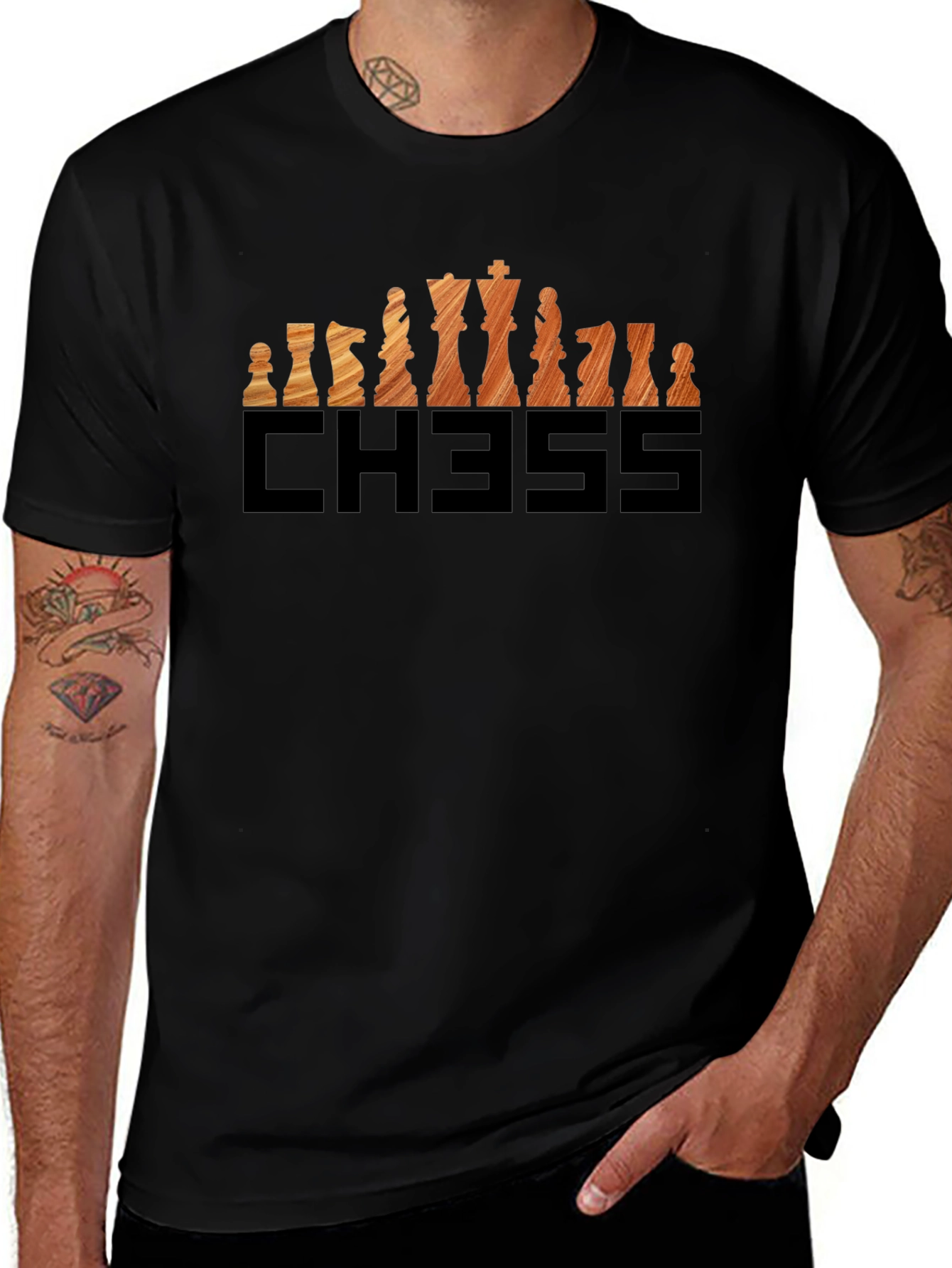 Chess Piece Graphic Tee - Wood Grain Design