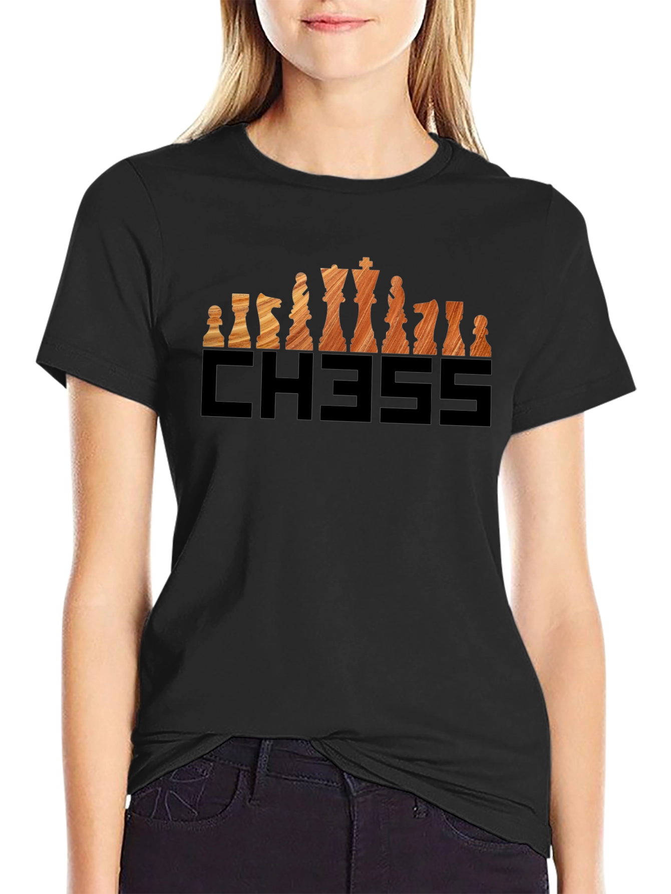 Chess Piece Graphic Tee - Wood Grain Design