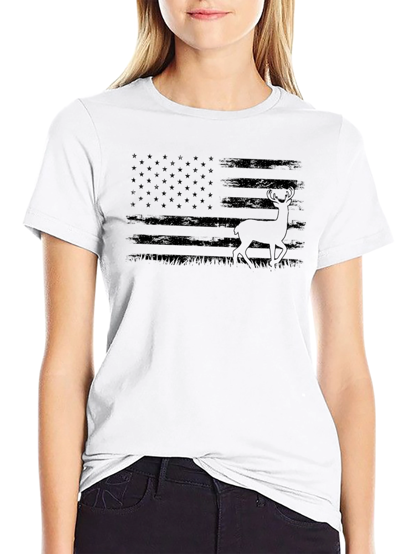 American Flag Deer Black T-Shirt