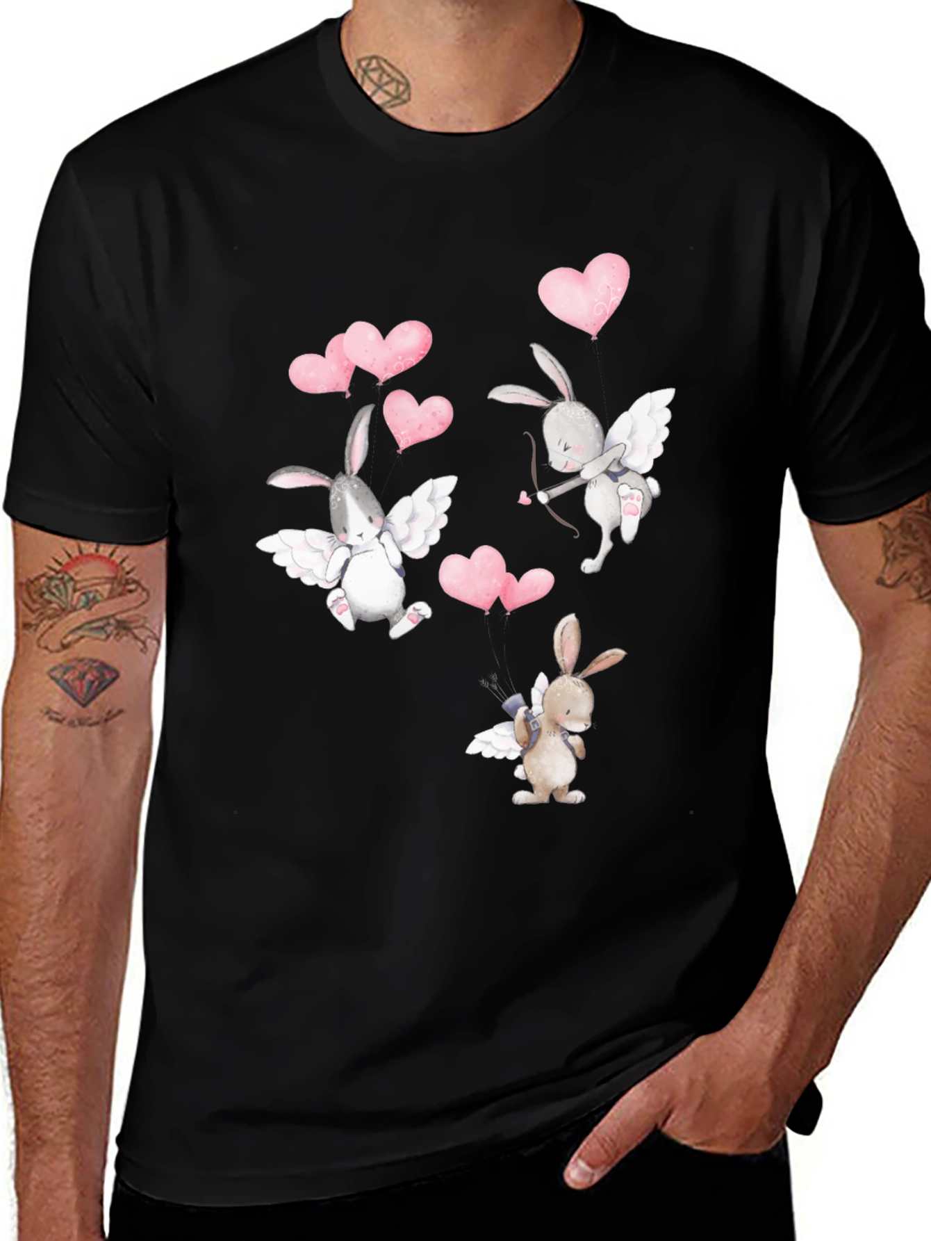 Bunny Cupid Valentines Day Black T-Shirt
