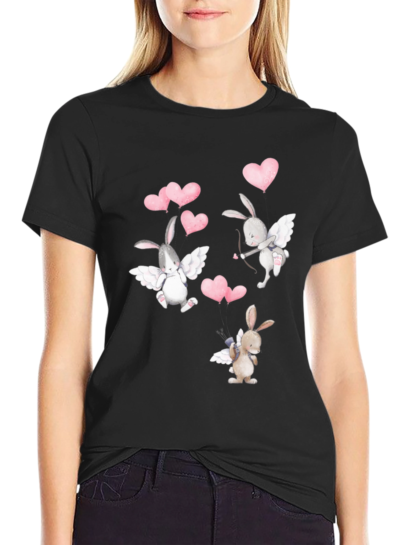 Bunny Cupid Valentines Day Black T-Shirt