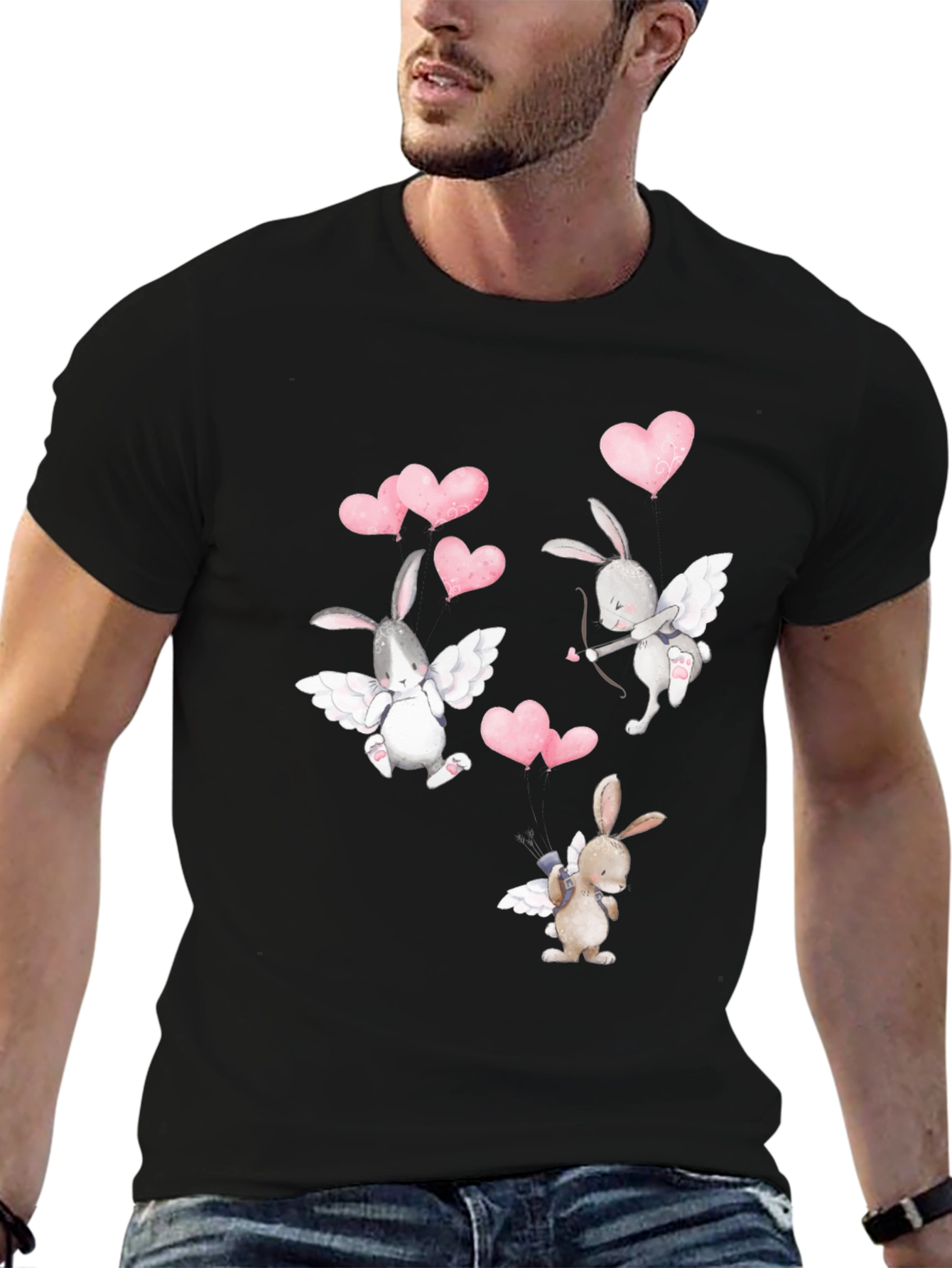 Bunny Cupid Valentines Day Black T-Shirt