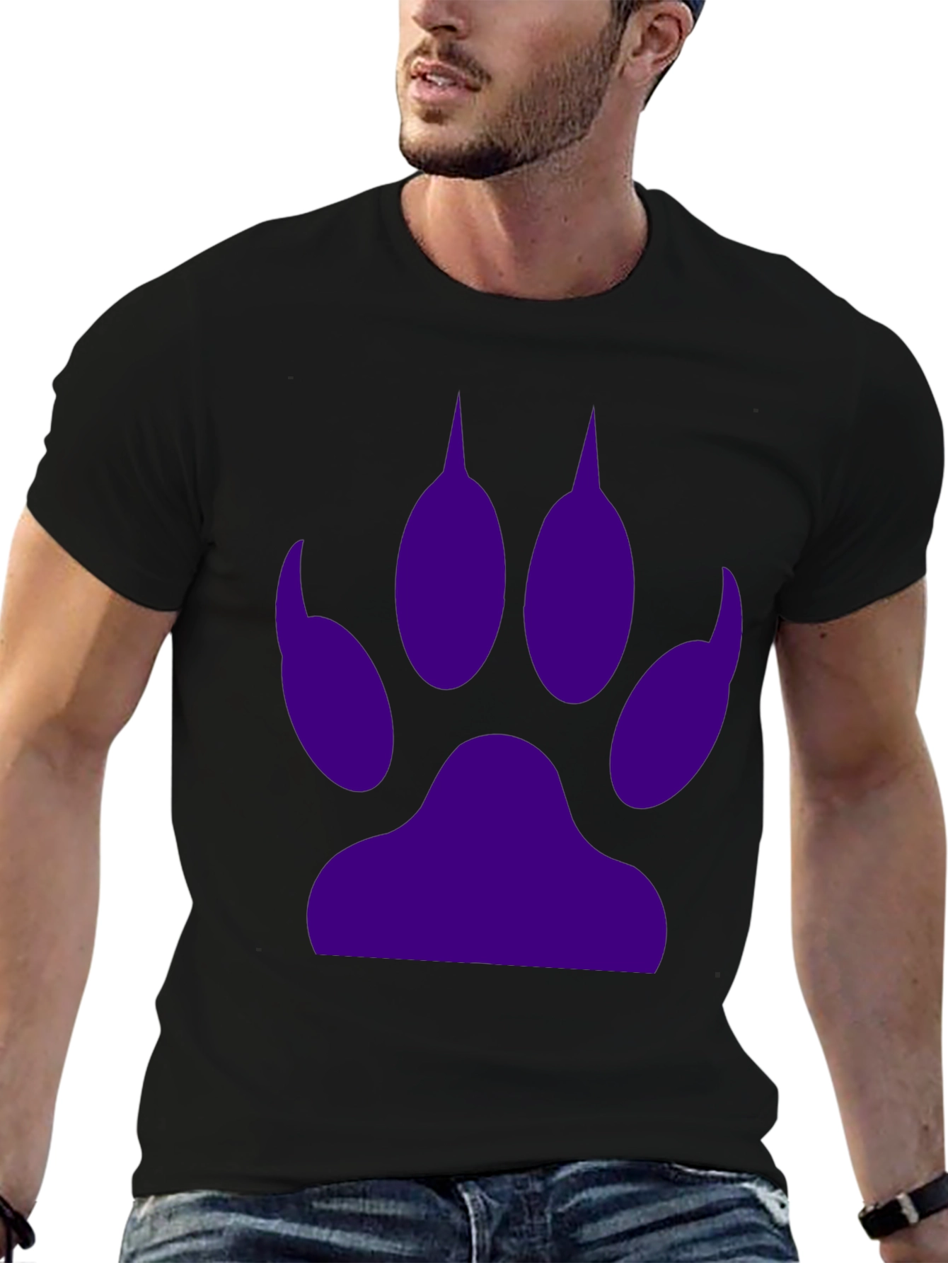 Purple Paw Print Graphic Tee - Casual Black T-Shirt