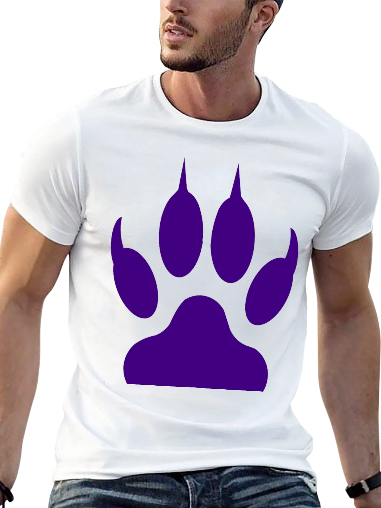 Purple Paw Print Graphic Tee - Casual Black T-Shirt