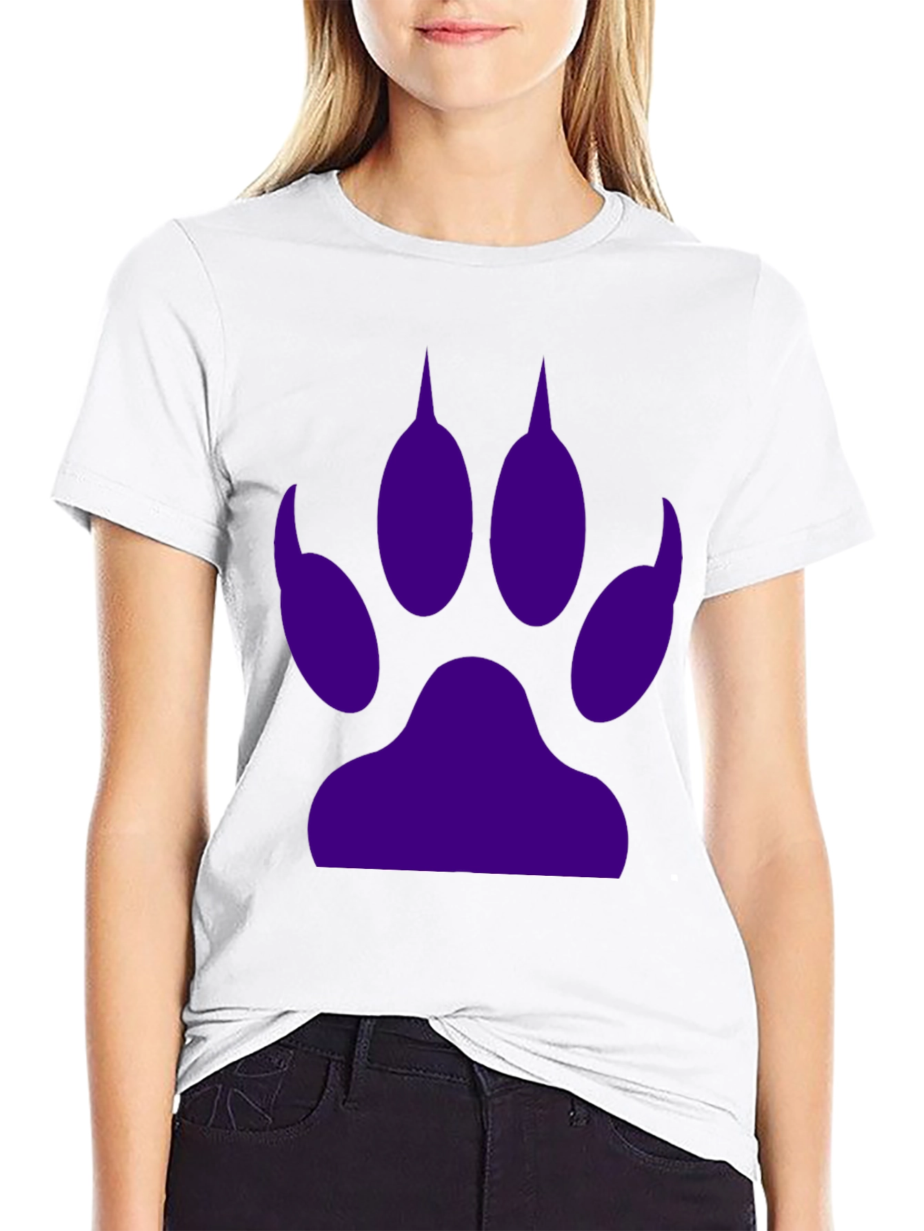 Purple Paw Print Graphic Tee - Casual Black T-Shirt