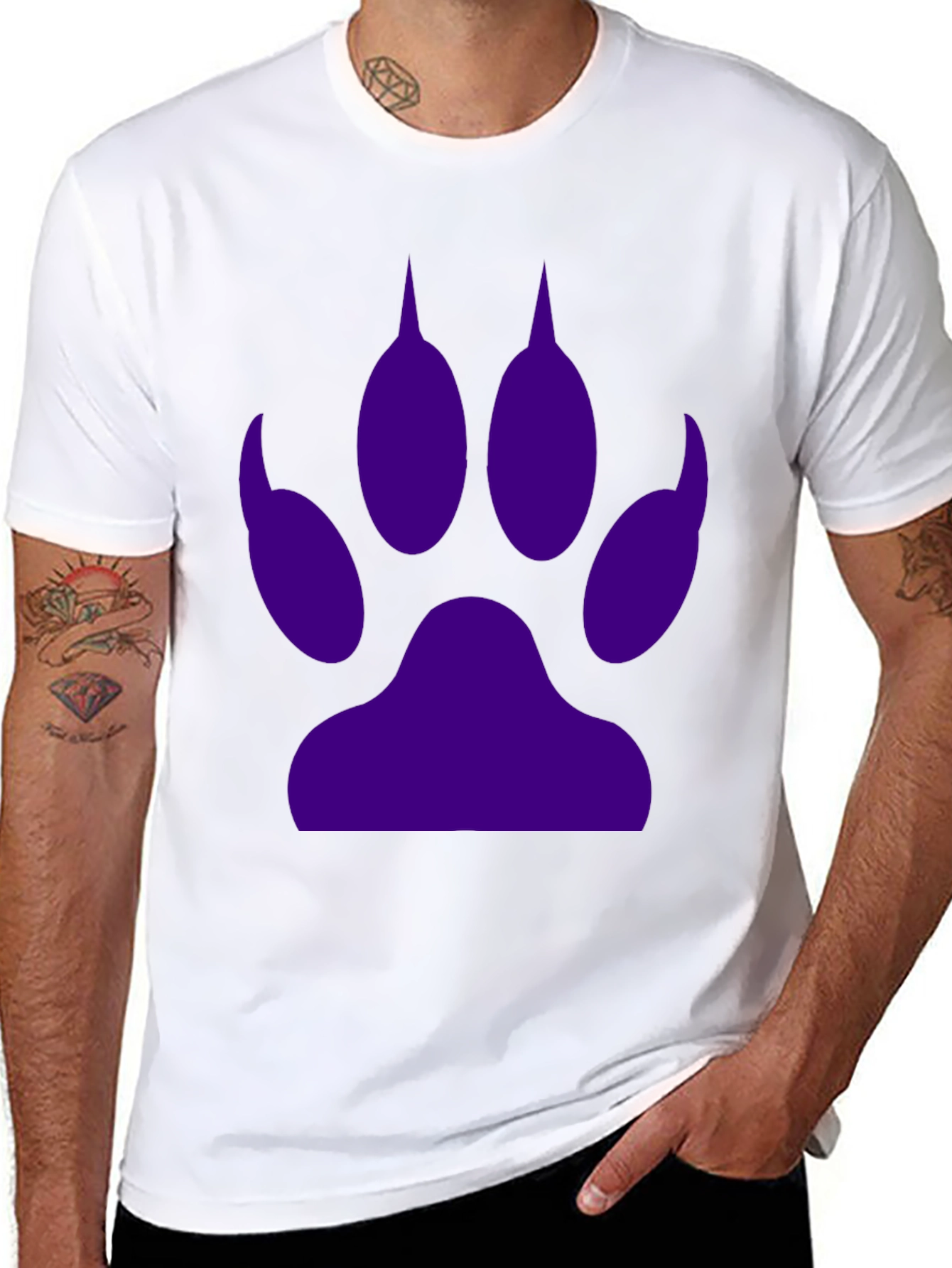 Purple Paw Print Graphic Tee - Casual Black T-Shirt