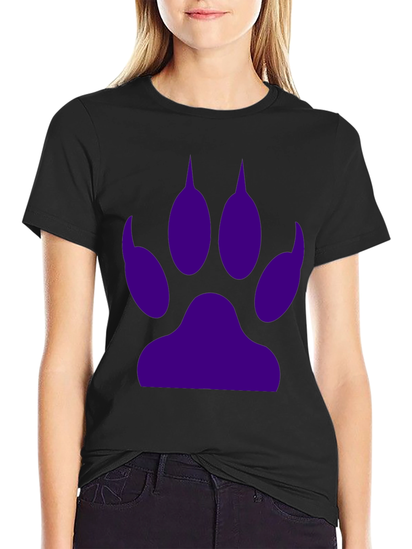 Purple Paw Print Graphic Tee - Casual Black T-Shirt