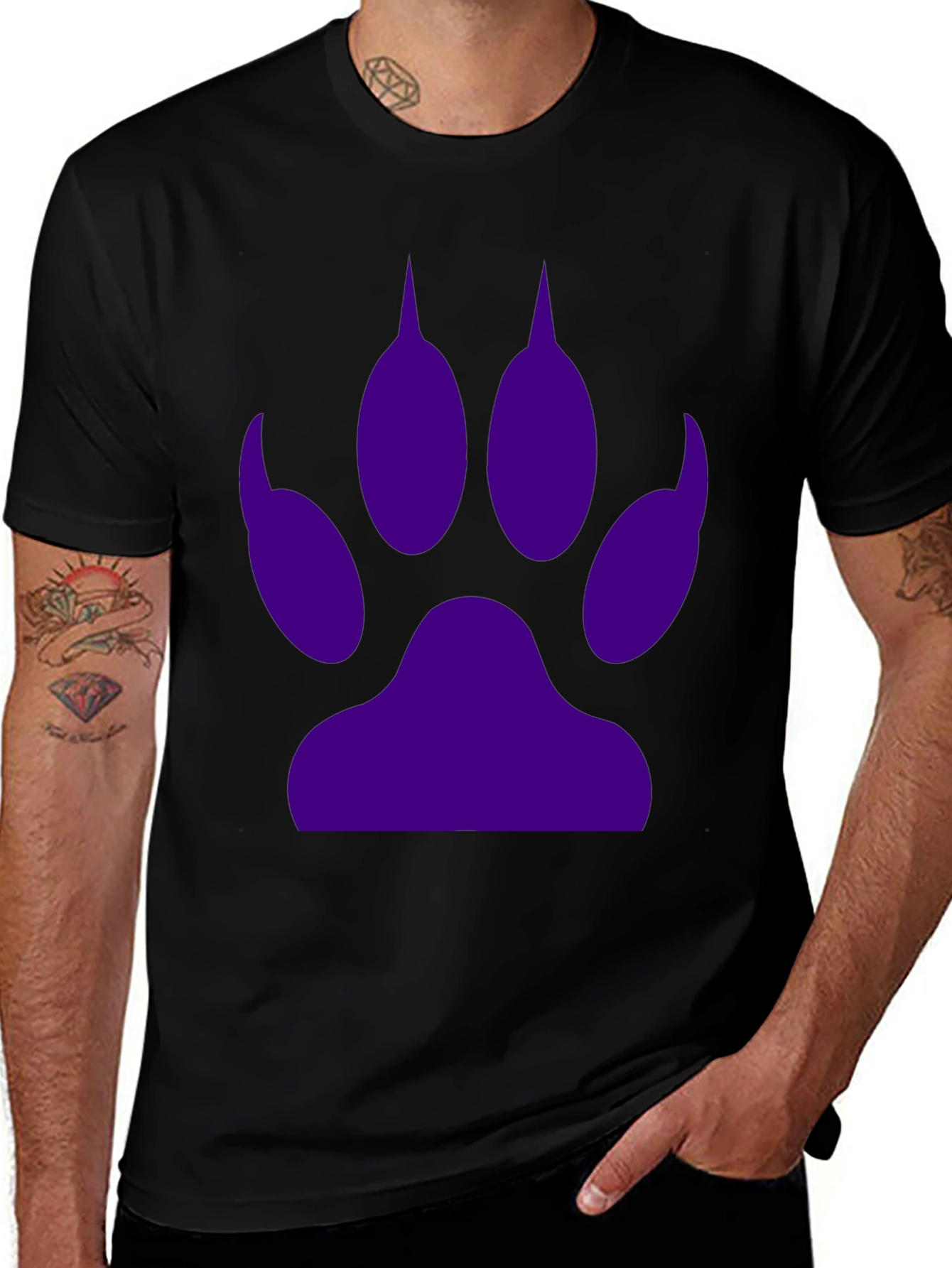 Purple Paw Print Graphic Tee - Casual Black T-Shirt