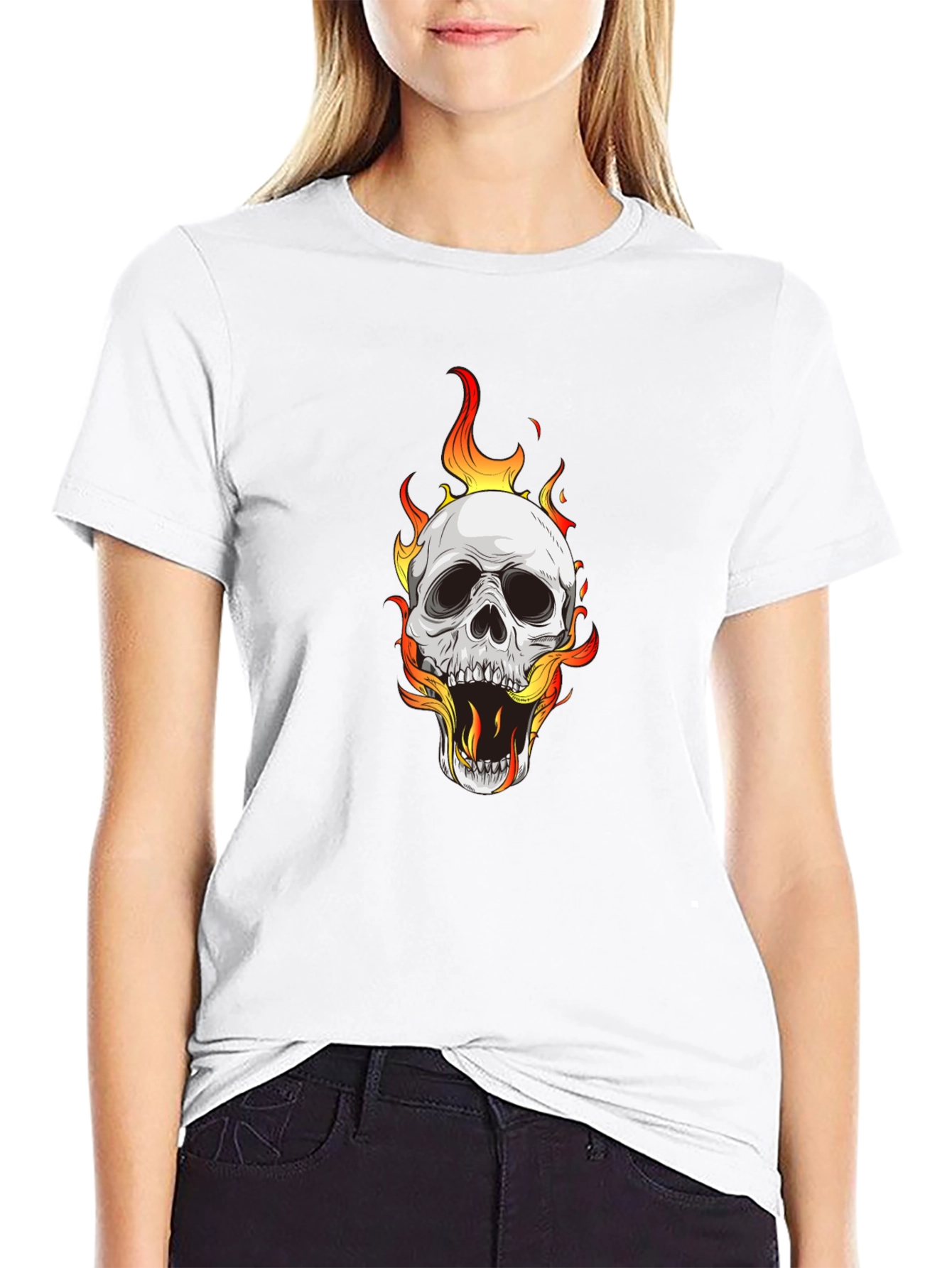Skull on Fire Graphic Black T-Shirt
