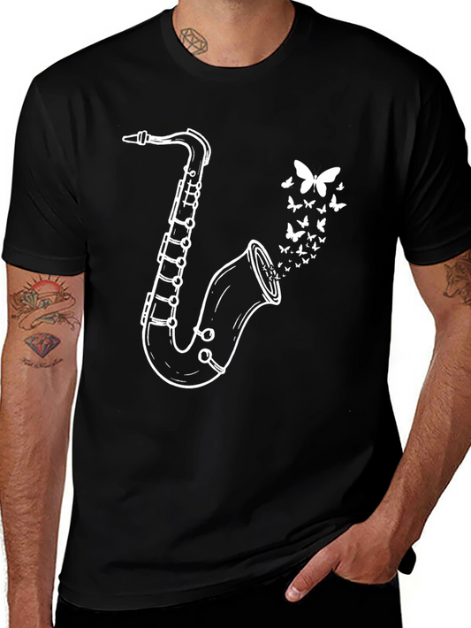 Saxophone Butterfly Graphic Tee - Black Casual T-Shirt