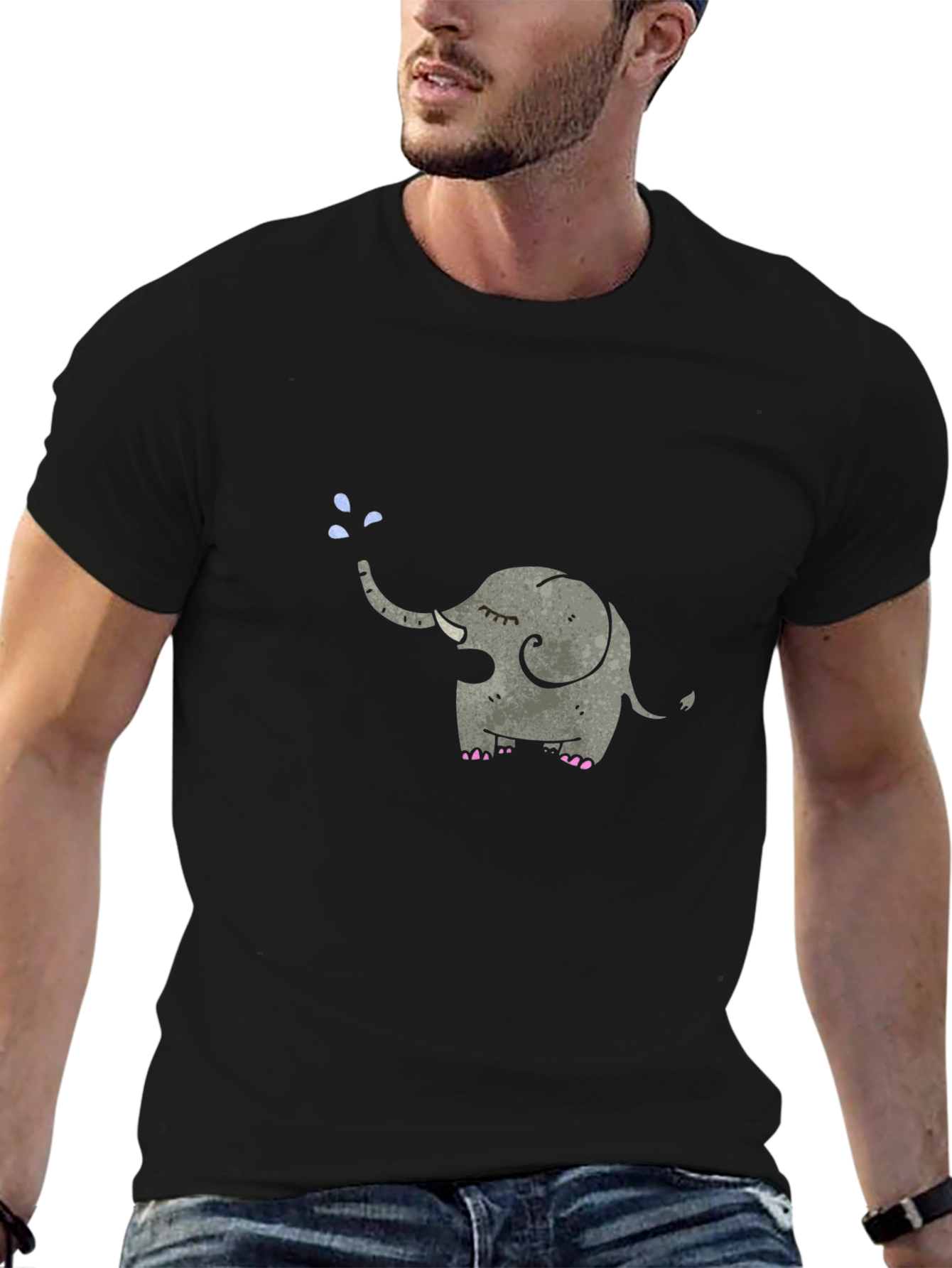 Elephant Tee: Cute Cartoon Animal Graphic Black T-Shirt